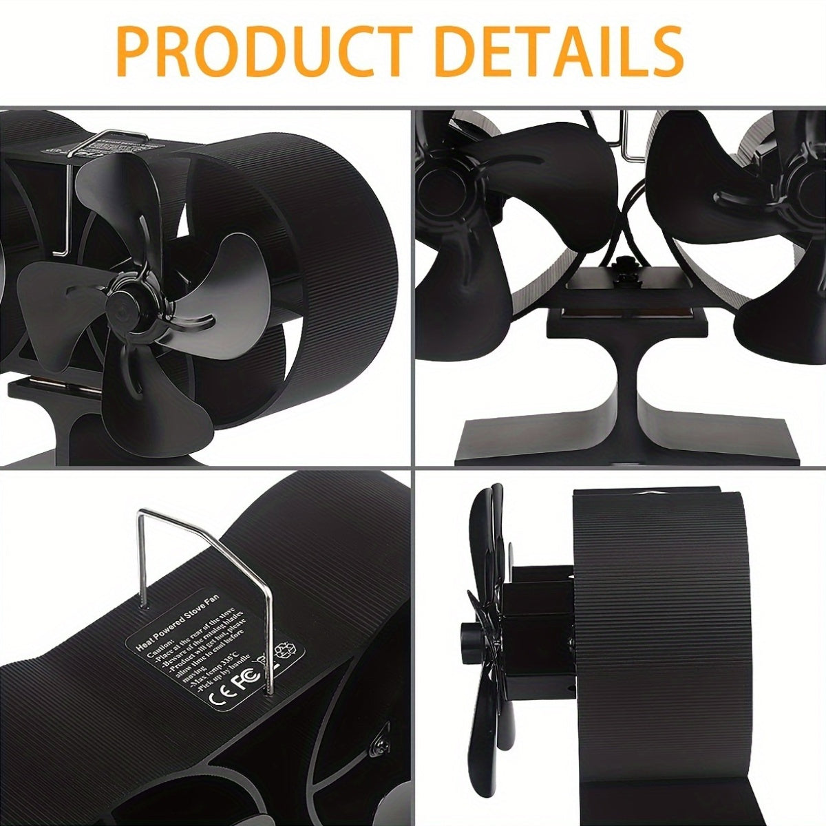 Aluminum Dual Head Stove Fan, Heat Powered Fireplace Fan, Large Room Circulation