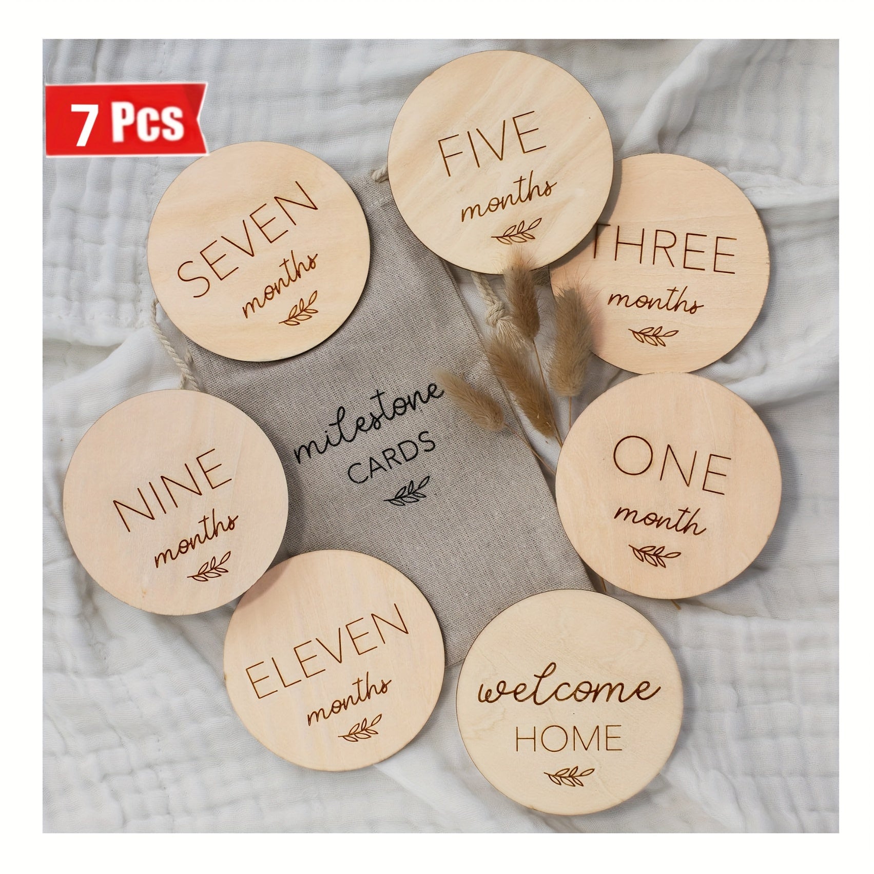 Baby Milestone Cards Set 7-Piece Reversible Wooden Photo Props for First Year