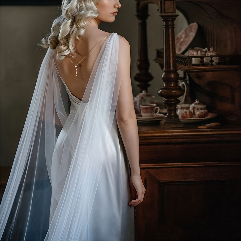 Bridal Wedding Veil Cape Tulle Shawl with Floral Lace Long Sheer Bridal Accessory