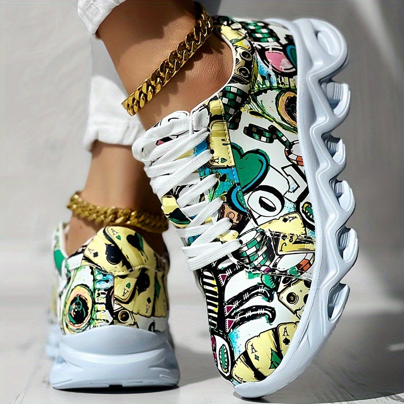 Women's Canvas Sneakers Casual Low Top Outdoor Shoes with Graffiti Pattern