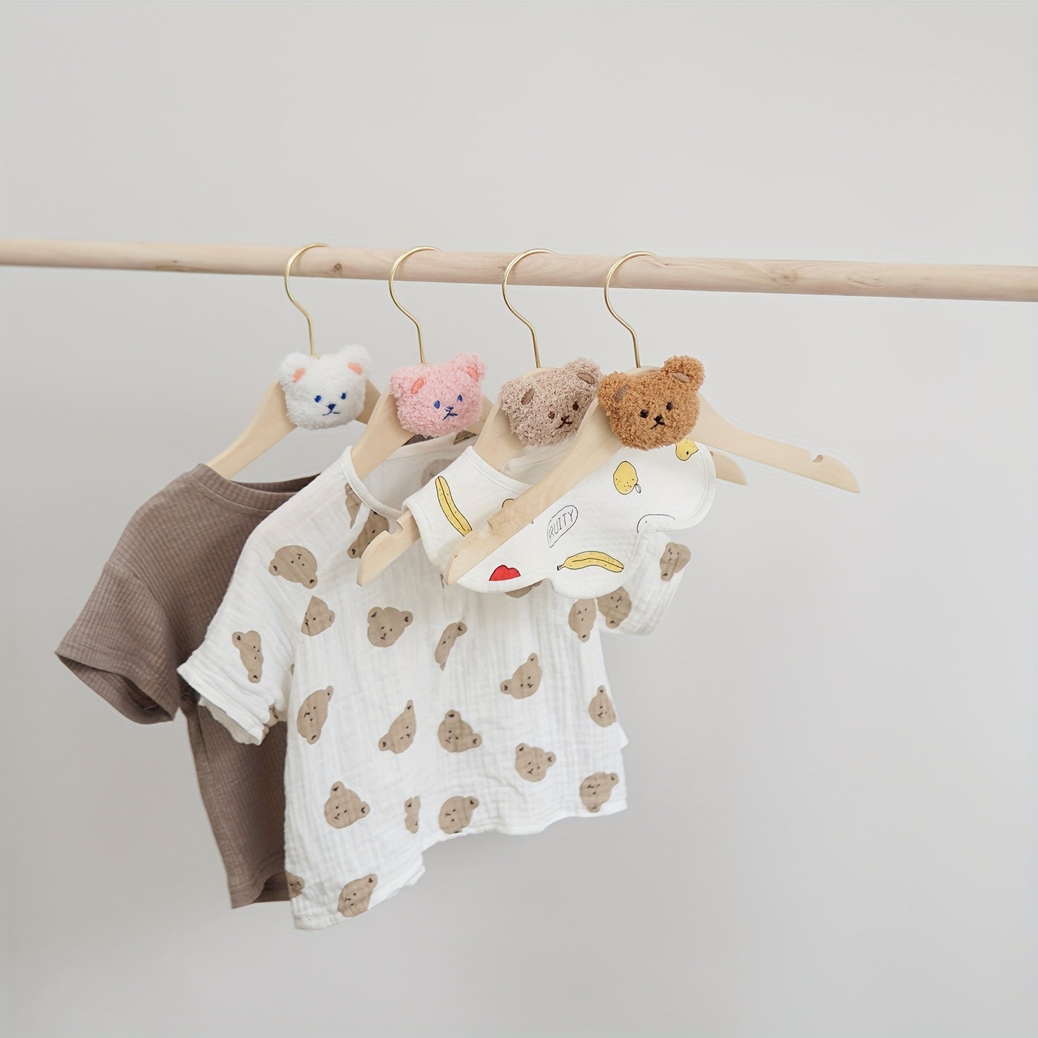 Wooden Clothes Hangers with Cartoon Bear Design Lightweight Durable Swivel Hooks for Ages 14 and Up