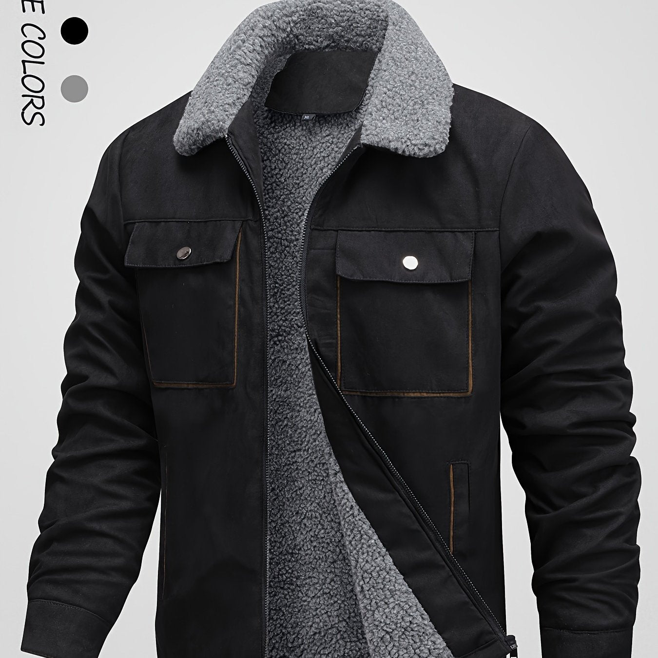 Erkaklar uchun qishki fleece ichki qizdirilgan ko'ylak - Jigarrang, fermuarli yopilish, cho'ntaklar, burunli yaka - Tashqi palto