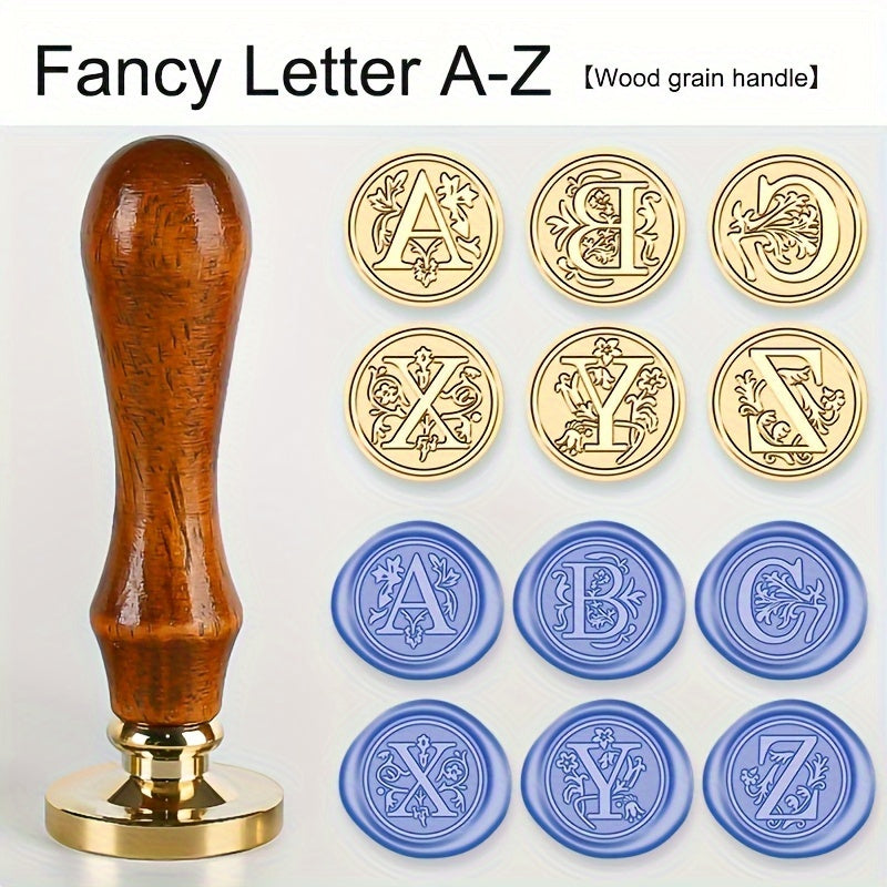 Wax Seal Stamp Set with 26 Letters Brass Head and Retro Wood Handle for Invitations and Gift Wrapping