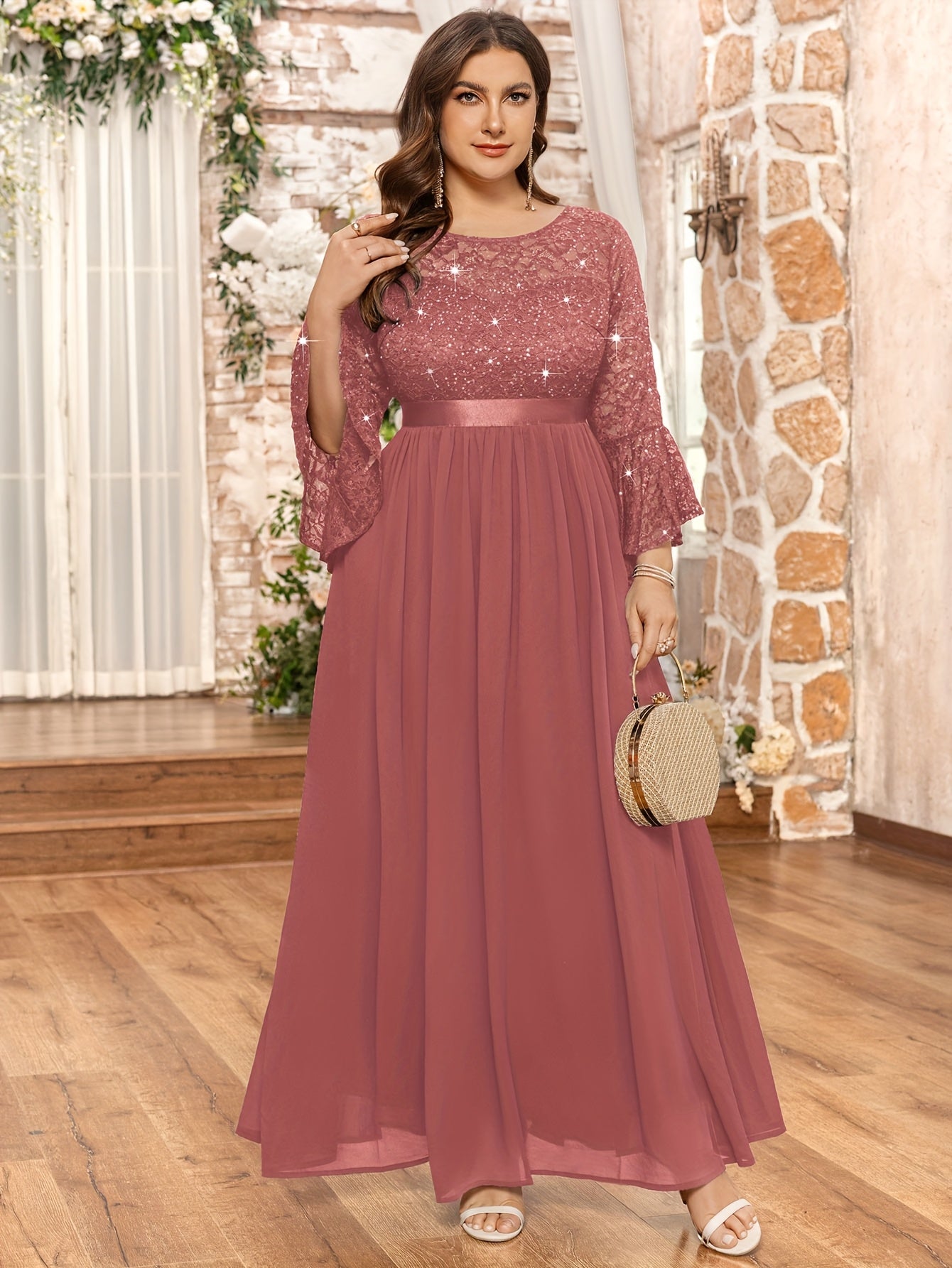 Plus Size Women's Sequin Long Dress Crew Neck Three Quarter Sleeve Evening Party