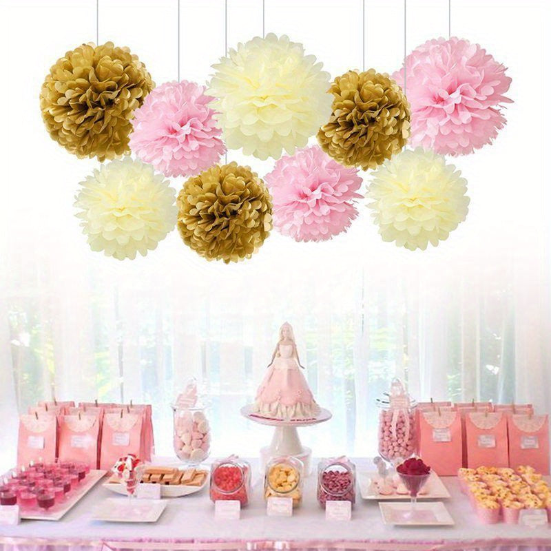 Set of 9 Paper Pom Pom Flowers for Party Decorations Events