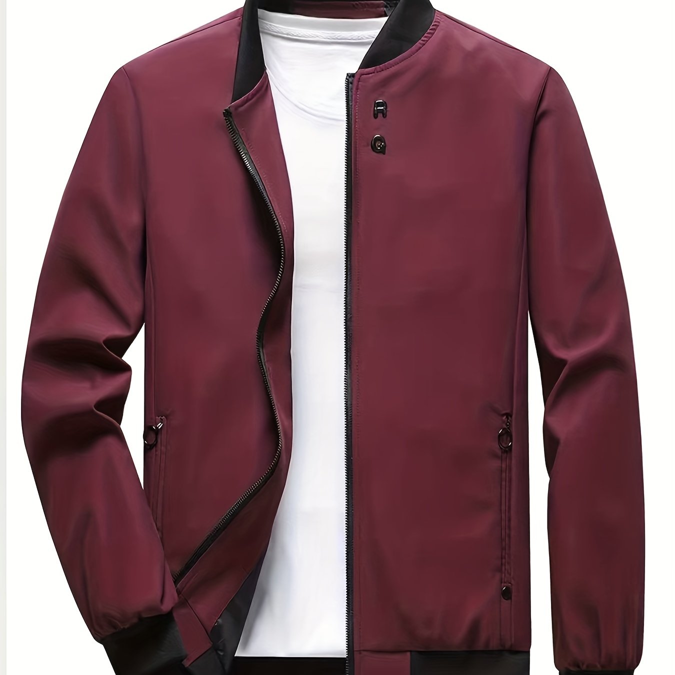 Chaqueta casual de manga larga de poliéster de corte ajustado con bolsillos, cuello alto con cremallera para primavera y otoño
