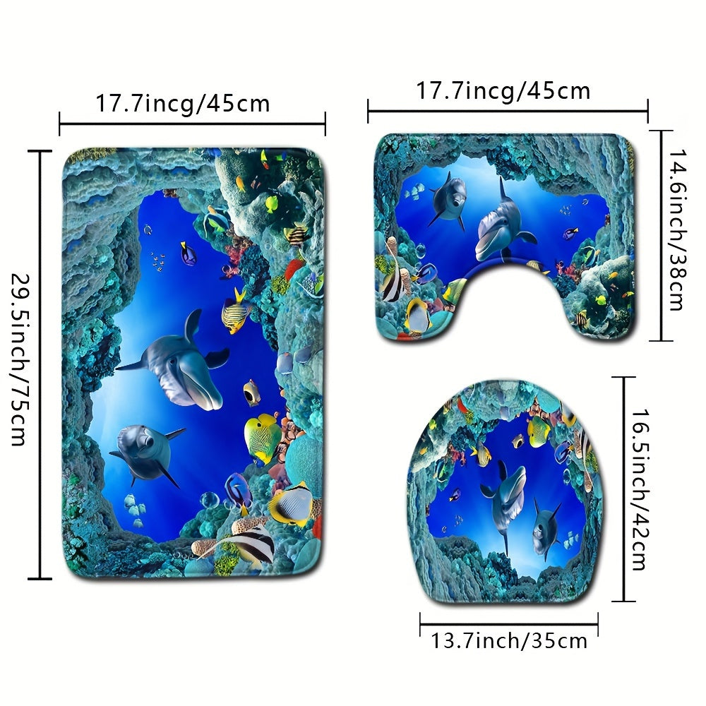 Set of 3 Ocean Underwater Cave Fish Bathroom Mats Non-Slip Water Absorbent Coral Reef Design