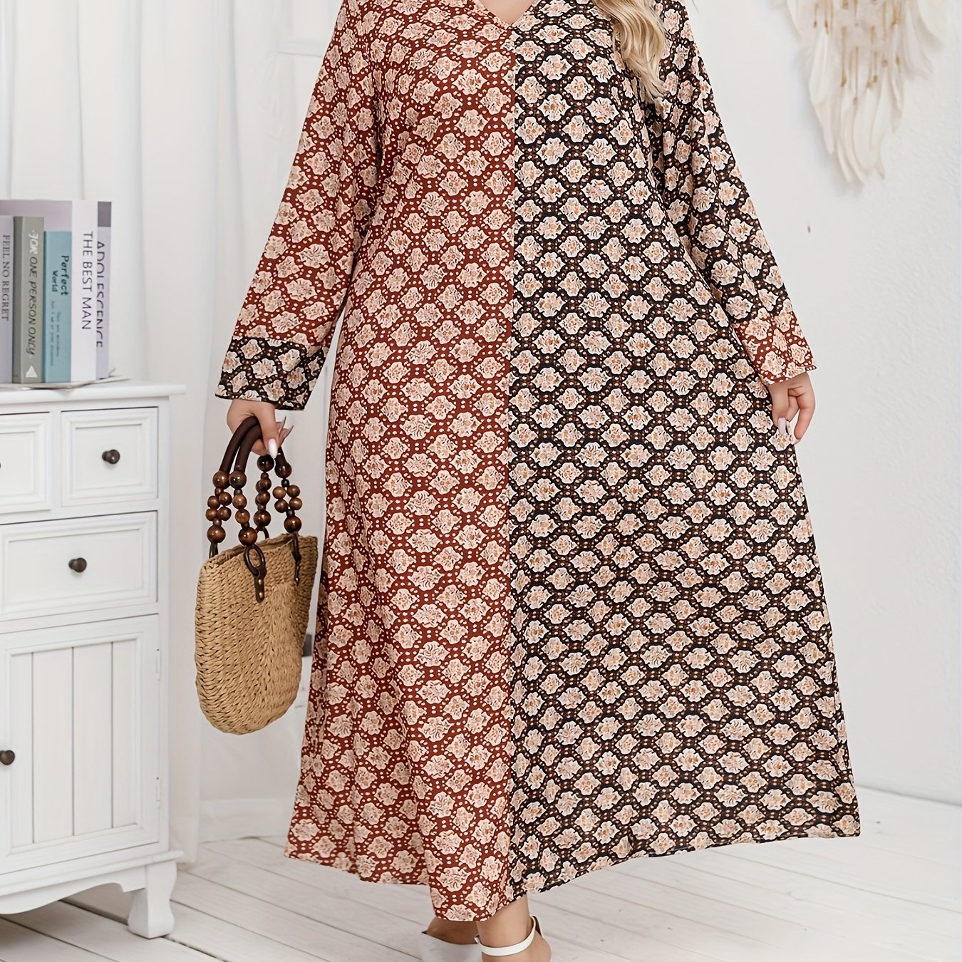 Ayollar uchun polyester V-yengli tunik kiyiq, barcha mavsumlar uchun erkin fit, bosma