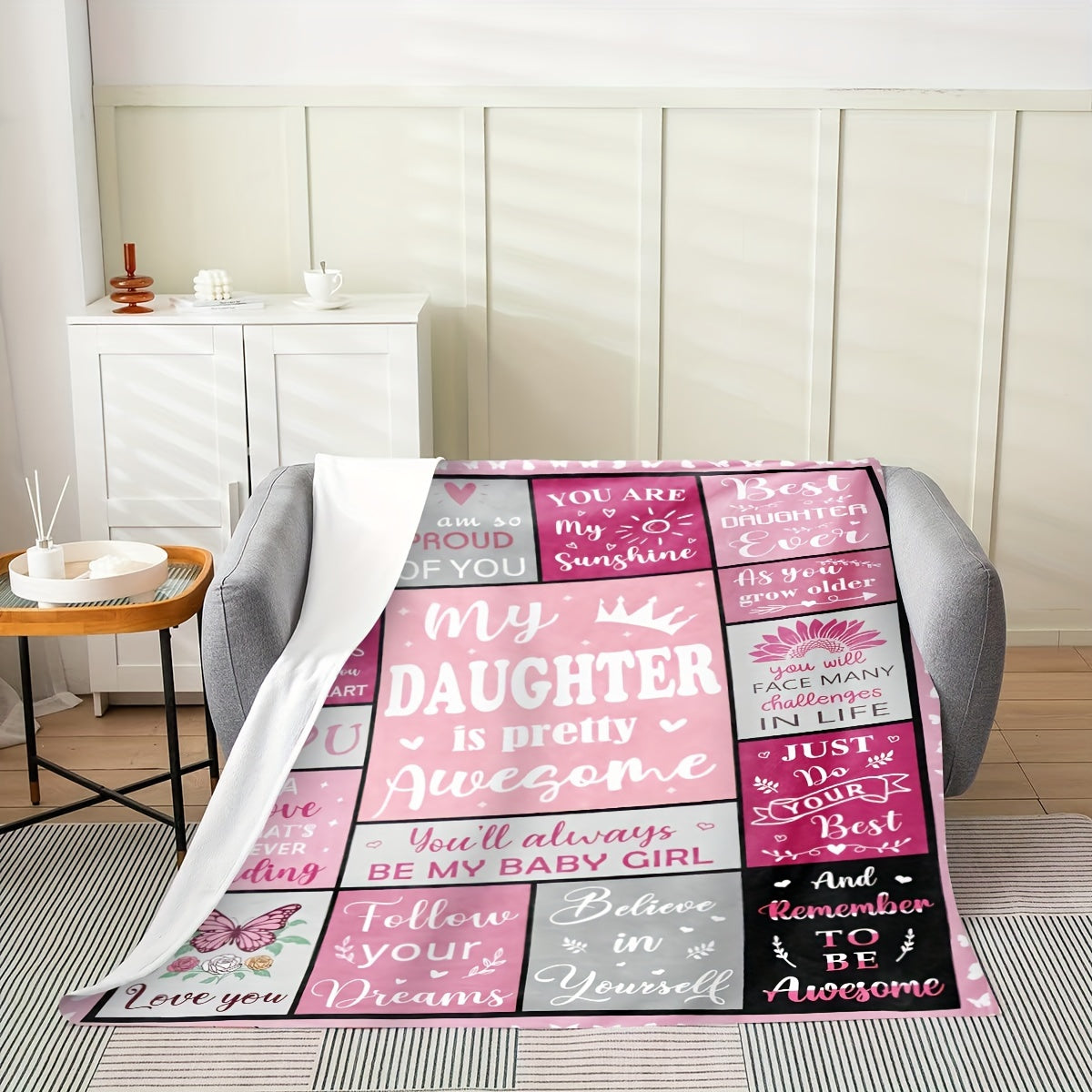 Pink Flannel Throw Blanket with Patchwork Pattern and Inspirational Quotes for Girls