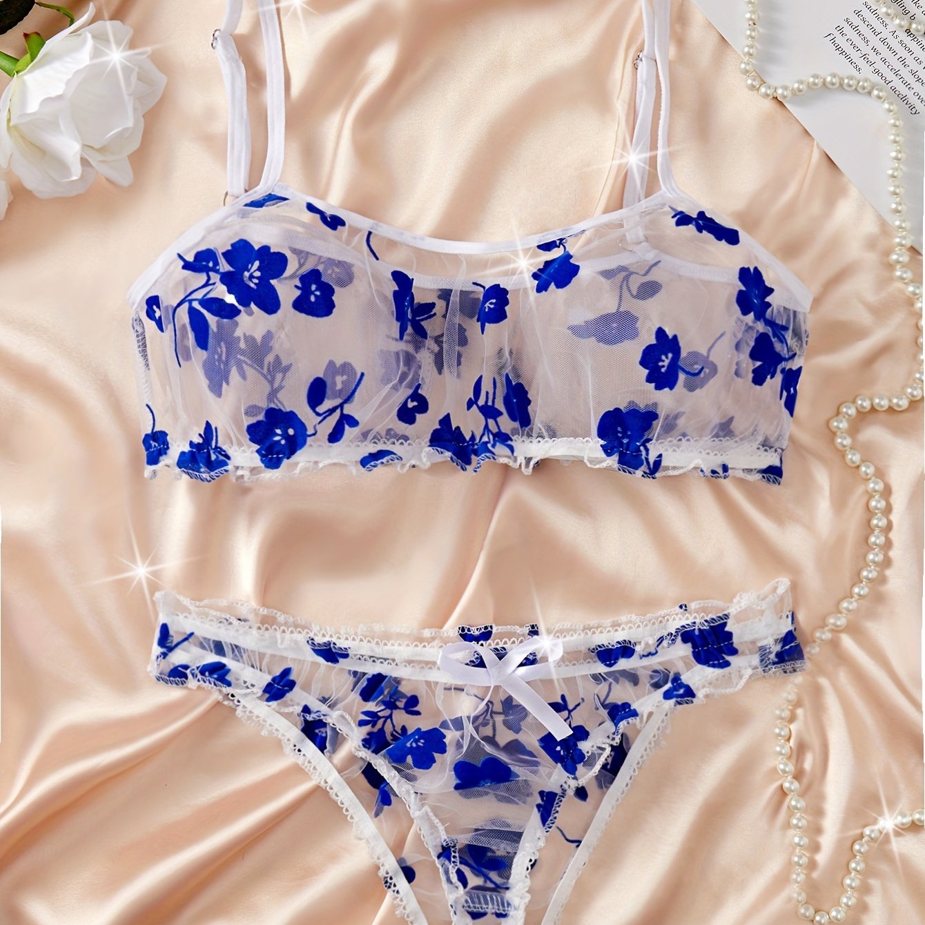 Women's Blue Floral Print Lingerie Set with Bow-Tie Bra and Low-Rise Panties