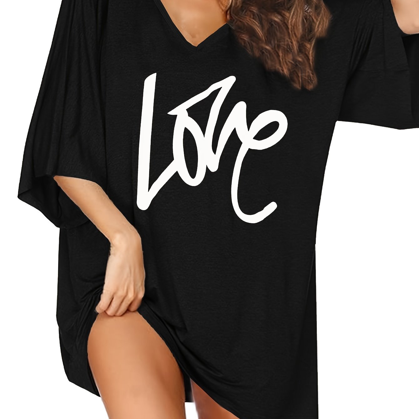 Women's Plus Size Black Love Heart Print Sleepshirt Lounge Nightgown