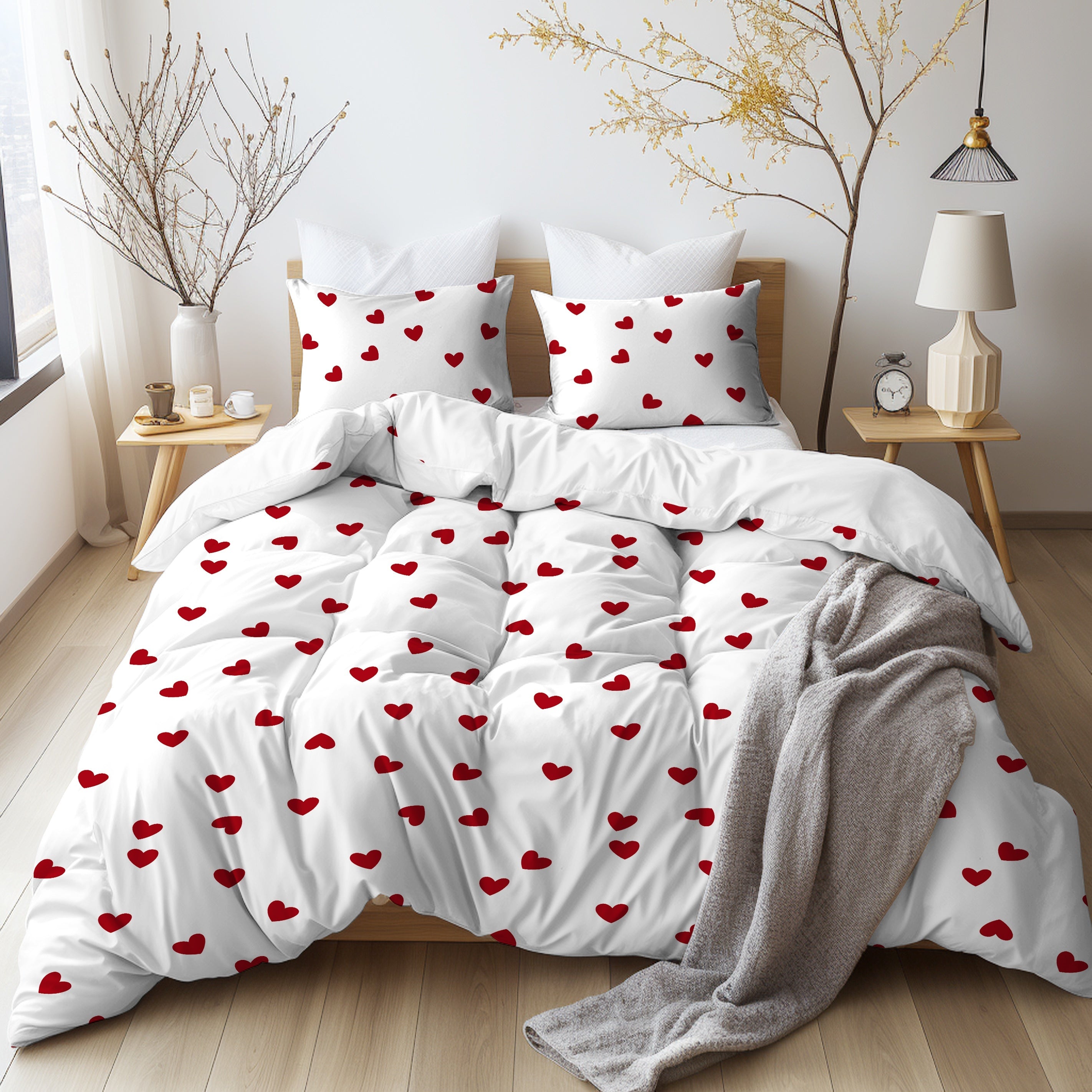 Valentine's Day Heart Print Bedding Set Duvet Cover and Pillowcases Soft and Skin-Friendly