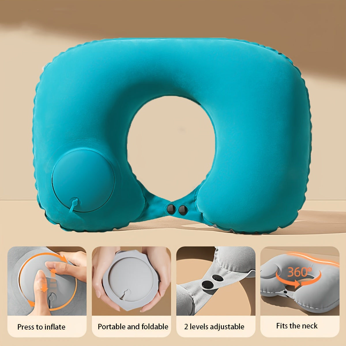Grey Travel Inflatable U-Shaped Neck Pillow with Adjustable Air Pressure for Travel and Car