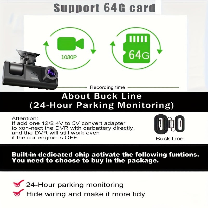 Cámara de tablero para coche de 3 canales con visión nocturna infrarroja, cámaras frontal y trasera 1080P