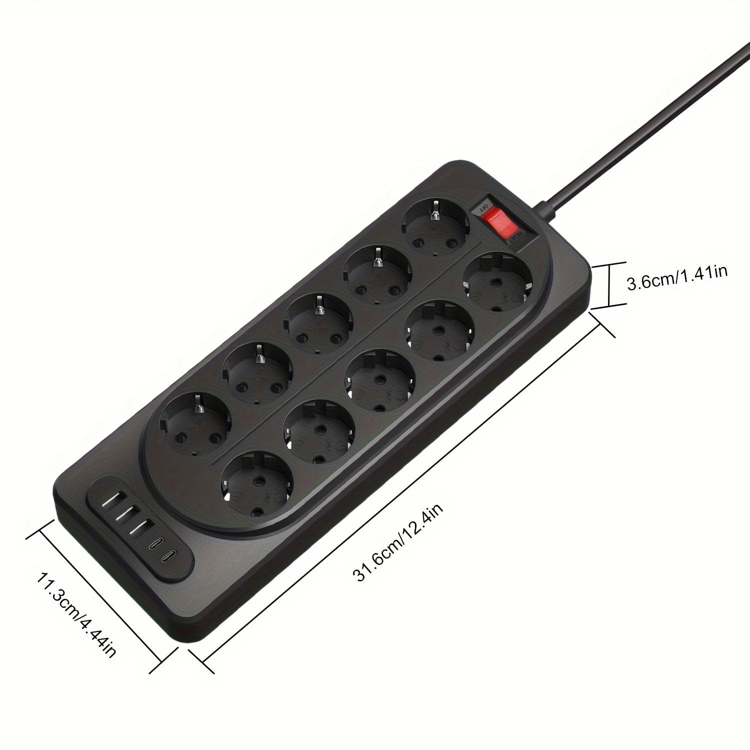 Power Strip with 10 Outlets USB Type-C Surge Protection Overload Switch 3m Extension Cord