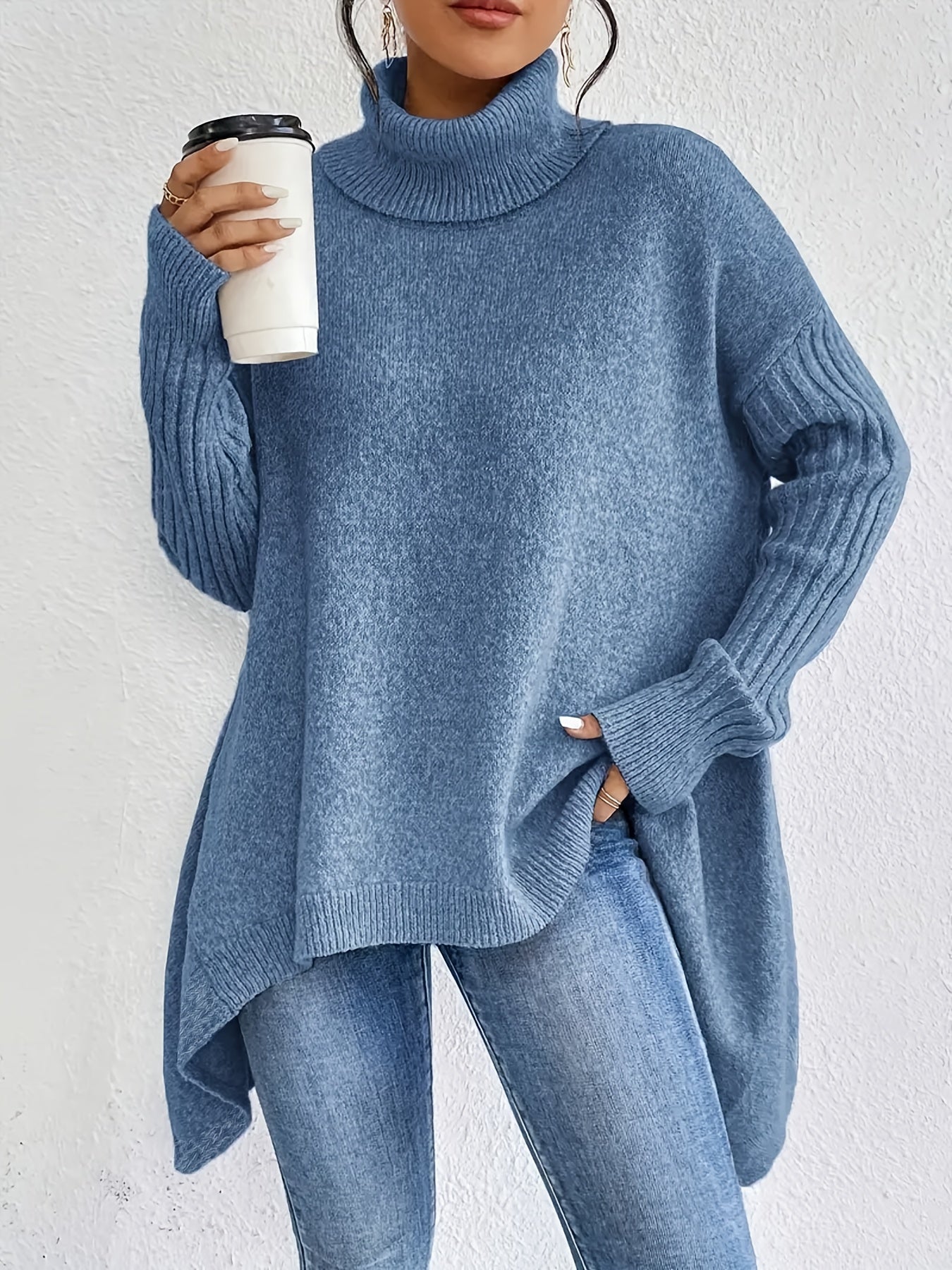 Plus Size Women's Soft Stretch High-Neck Long Sleeve Sweater Pullover Fall Winter Casual