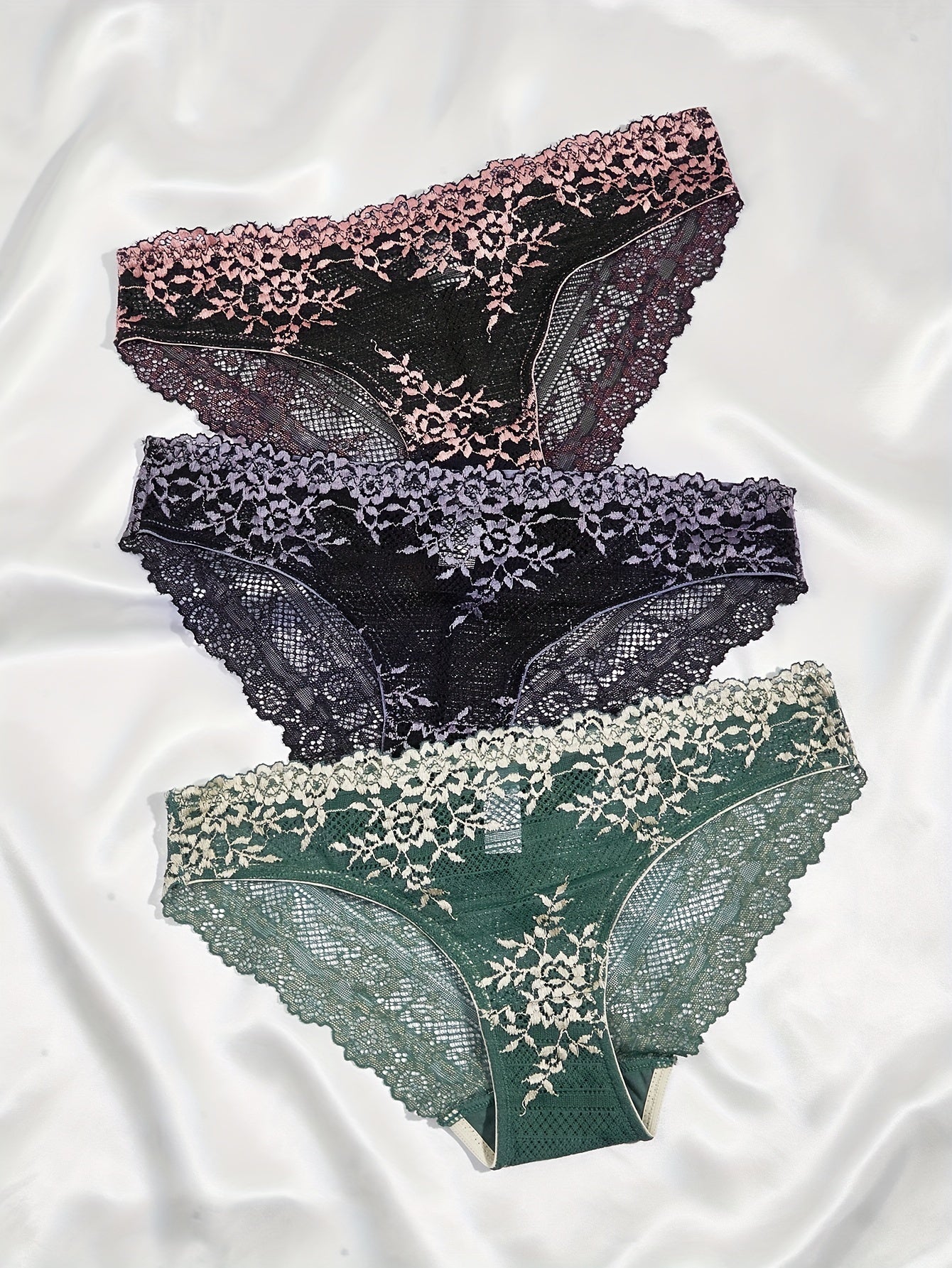 Women’s Lace Briefs 3-Pack Contrast Color Block Breathable Stretchy Underwear
