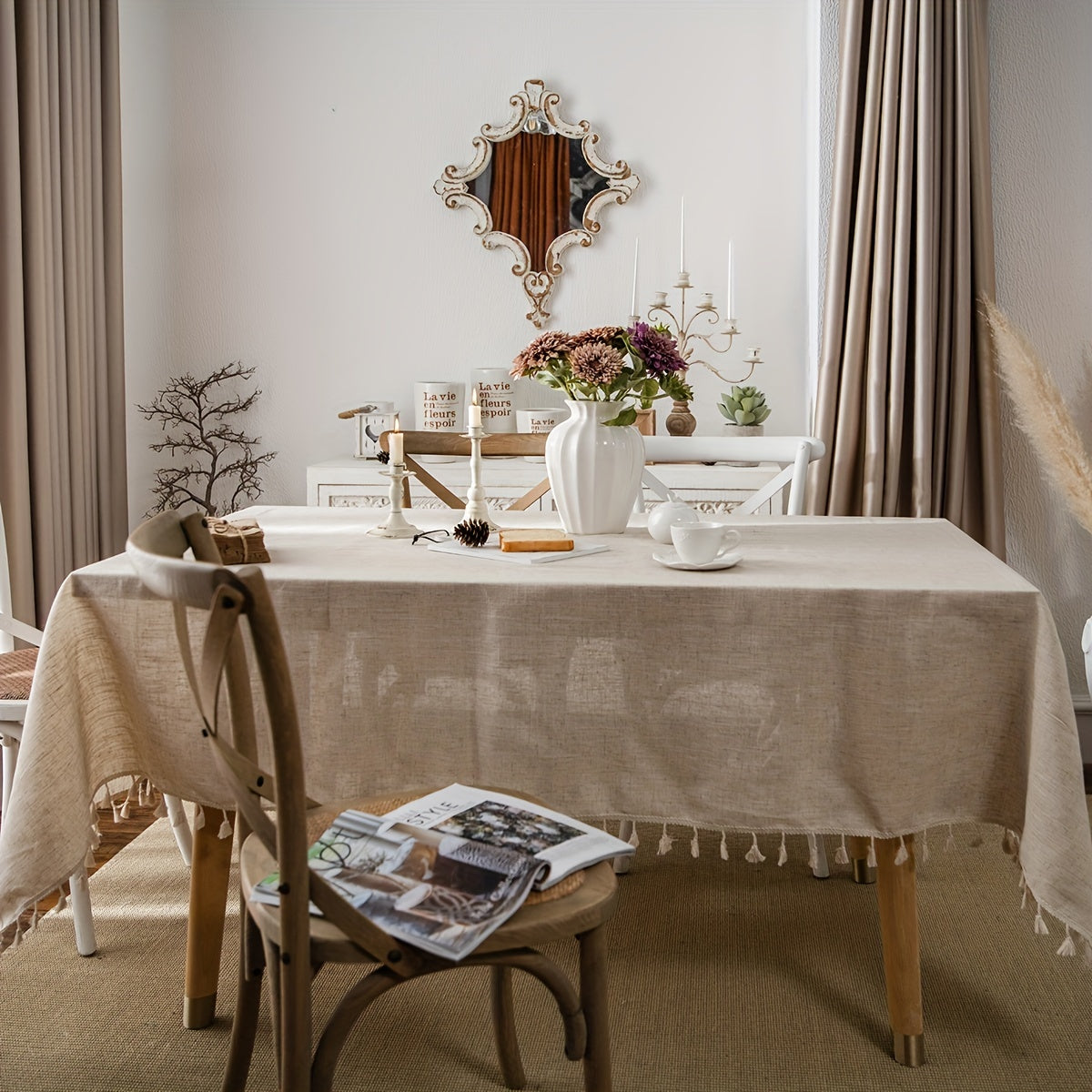 Beige Tassel Tablecloth Rectangular Polyester Blend Fringe for Dining and Coffee Tables