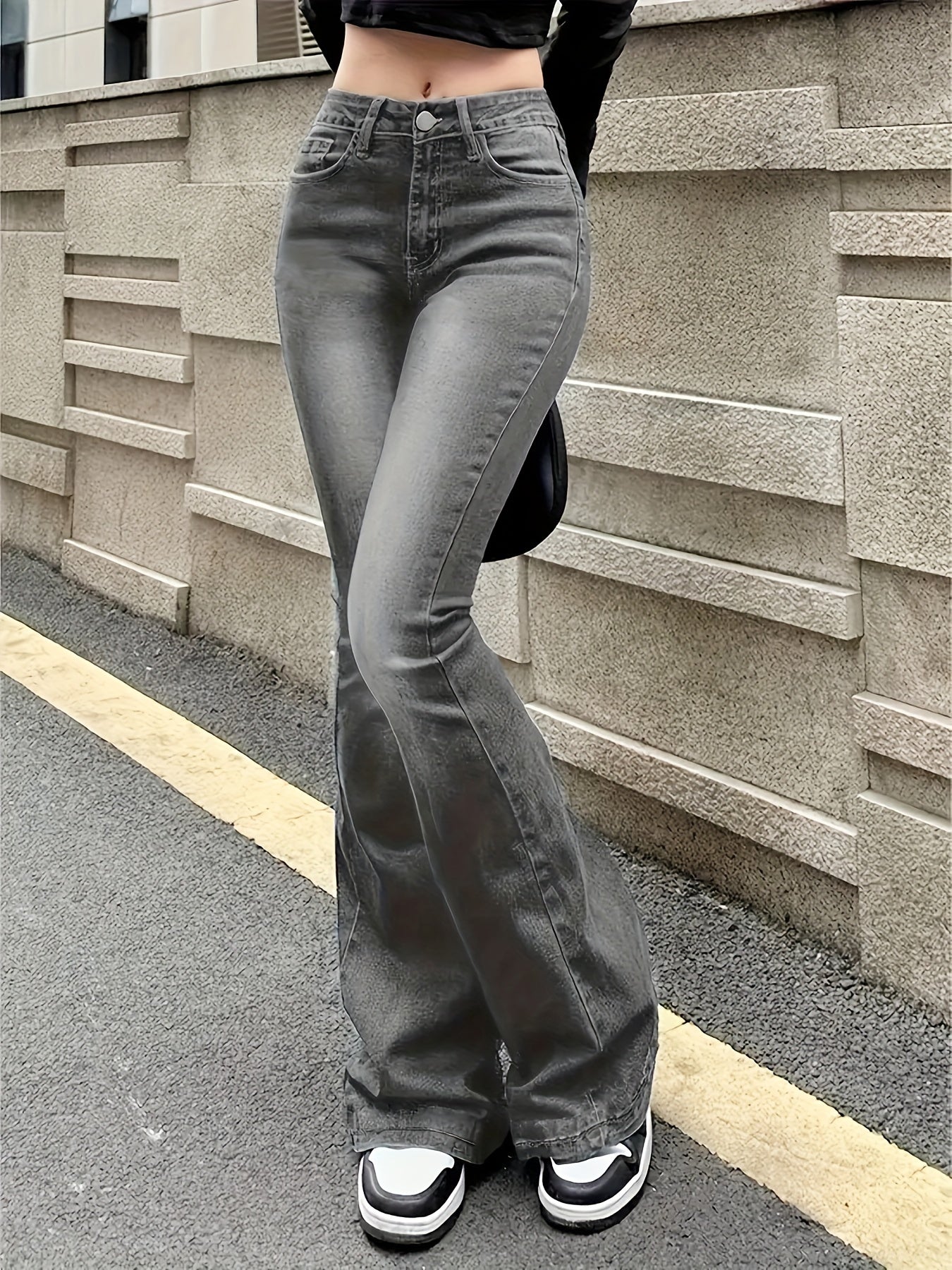 Women's Mid-Rise Flare Jeans with Retro Washed Finish Denim Casual All-Season