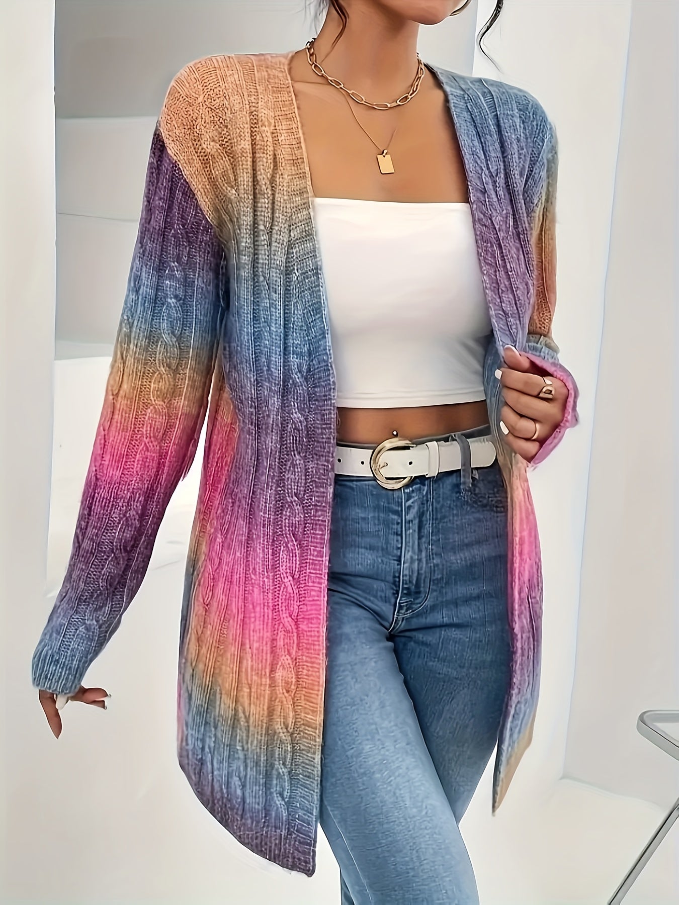 Plus Size Ombre Cable Knit Cardigan Open Front Long Sleeve Sweater Womens
