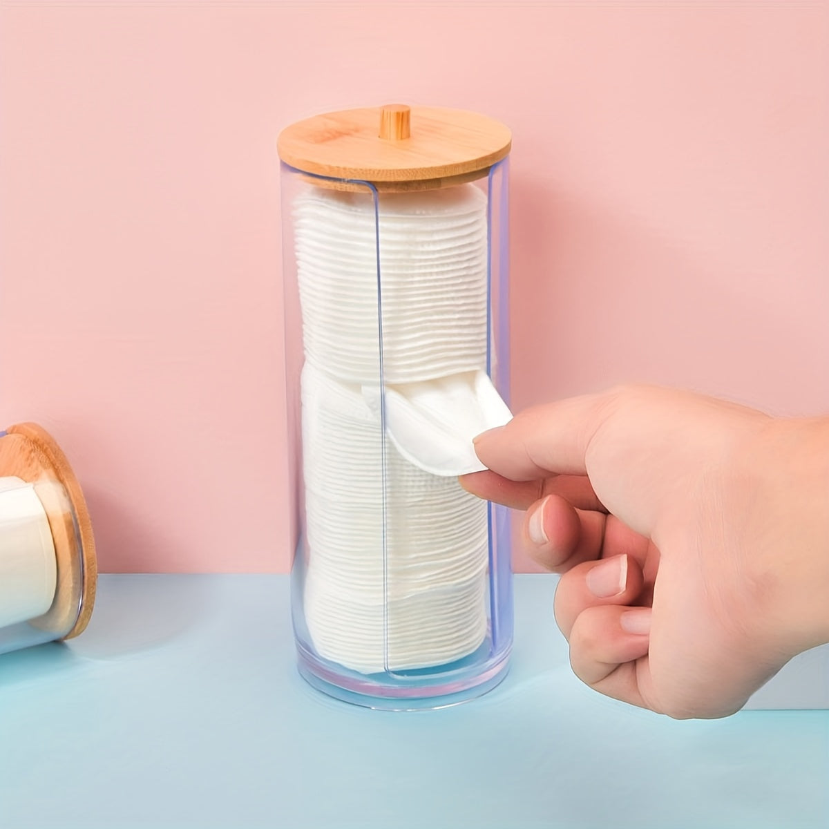 Clear Plastic Bathroom Storage Organizer with Bamboo Lid for Makeup Pads and Cups