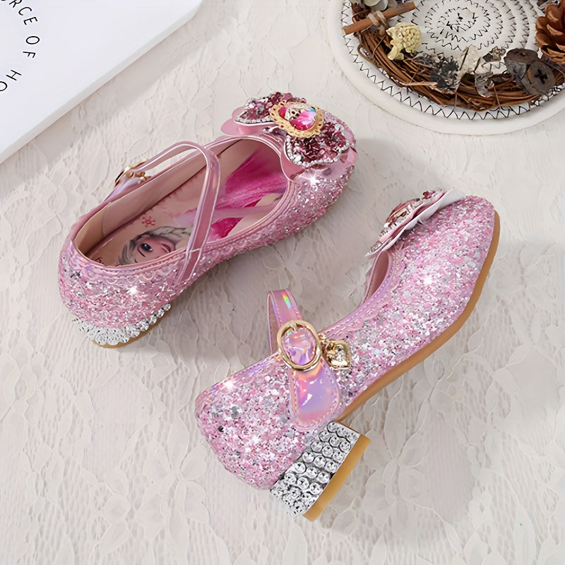Girls Glittery High Heel Shoes with Pink and Blue Sparkling Embellishments
