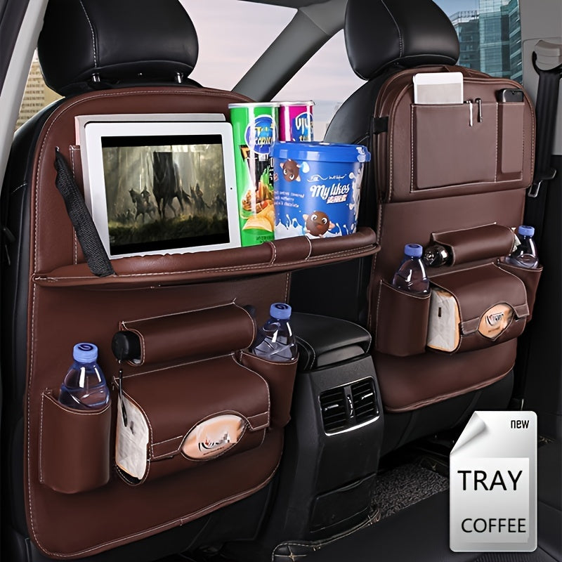 Universal Faux Leather Car Seat Organizer with Foldable Tray and Multiple Pockets