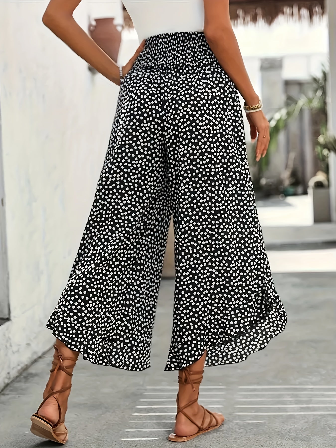 Women’s Summer Black Floral Wide-Leg Palazzo Pants Ruffle Detail Casual