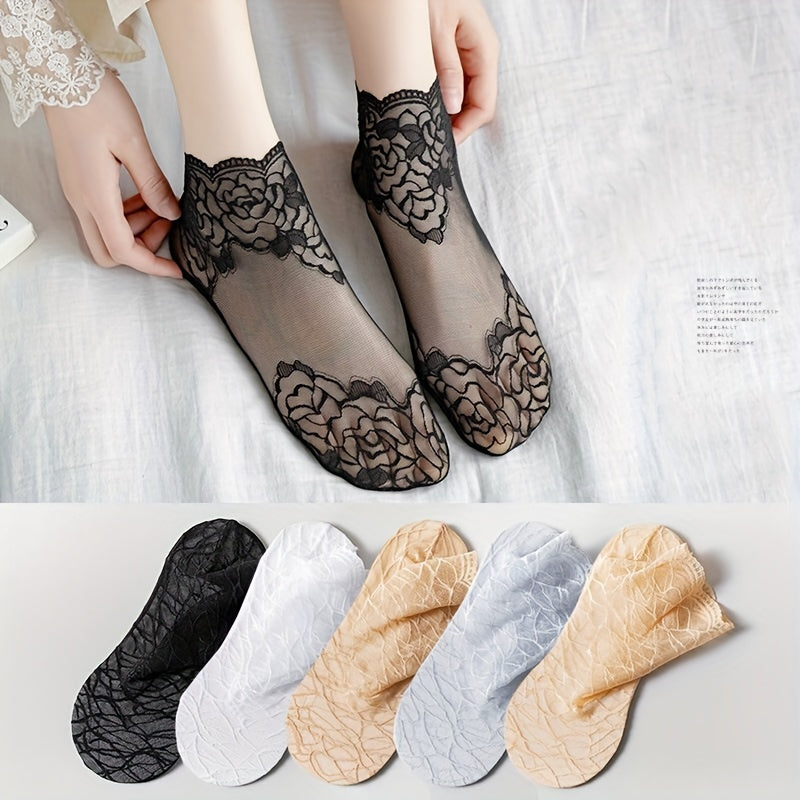 Women's Lace-Trimmed Mesh Socks Set 5 Pairs Floral Rose Summer Lightweight