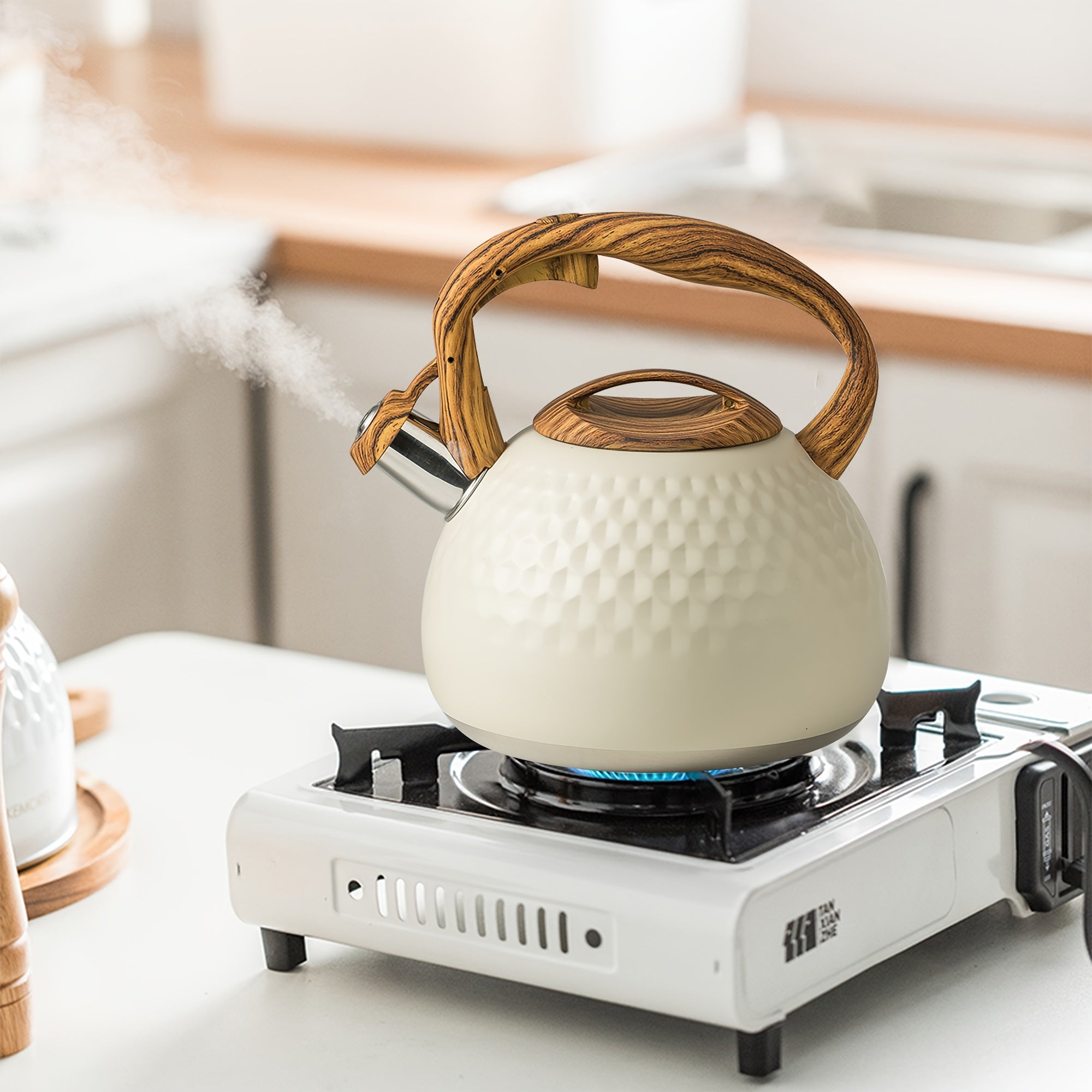 Stainless Steel Tea Kettle with Wooden Handle, Loud Whistle, Induction Compatible