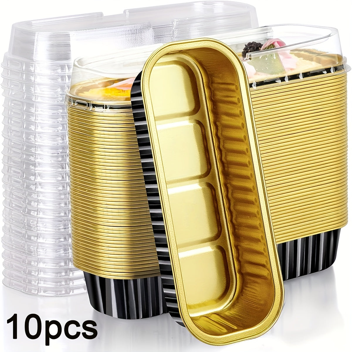 Set of 10 Aluminum Foil Mini Loaf Pans with Transparent Lids for Baking Cakes and Cupcakes in Black Pink and Gold