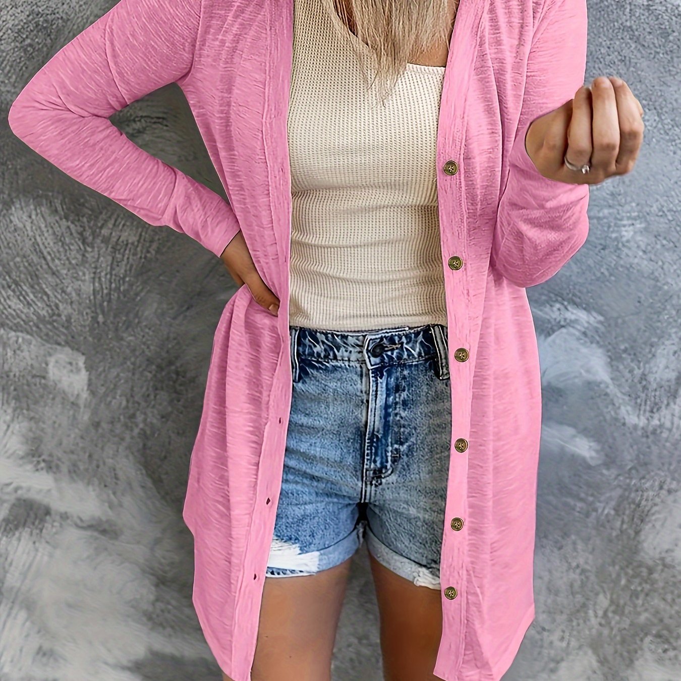 Plus Size Long Sleeve Knit Cardigan V-Neck Solid Color Fall Spring