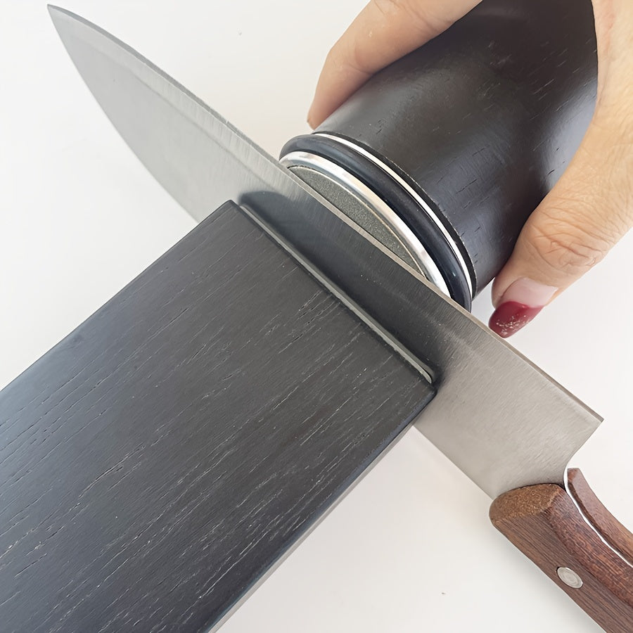 Wooden knife sharpener with diamond sharpening stone, uncharged magnetic rolling system, adjustable angle with rollers, kitchen grinding tool accessory.