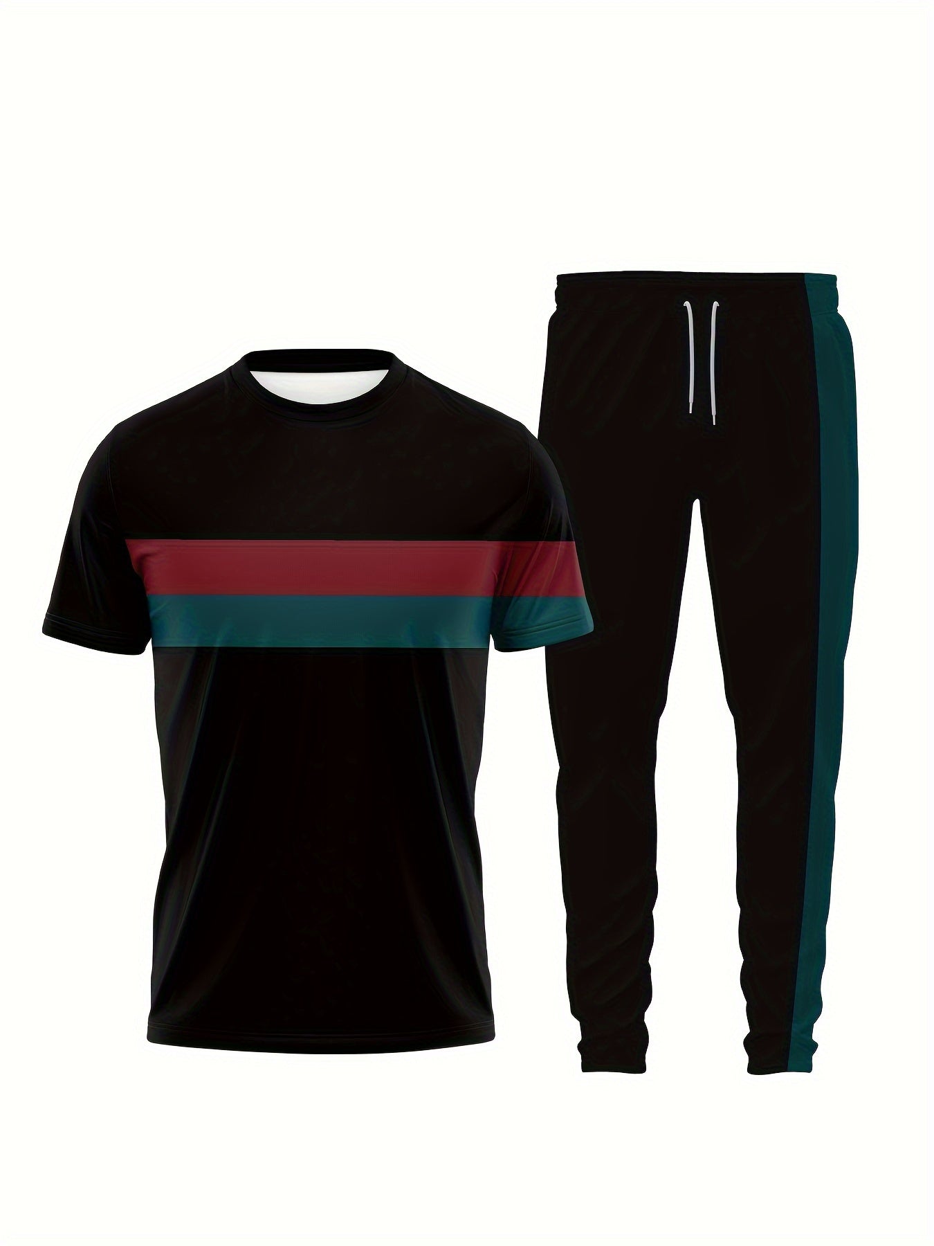 Men's Sports Sweatsuit Set with Striped Pattern Crew Neck Short Sleeve T-Shirt and Pants in Knit Polyester