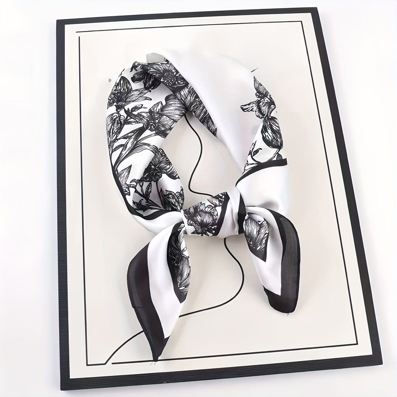 Square Satin Silk Scarf 70cm Monochrome Landscape Print Hair Bandana Neck Wrap