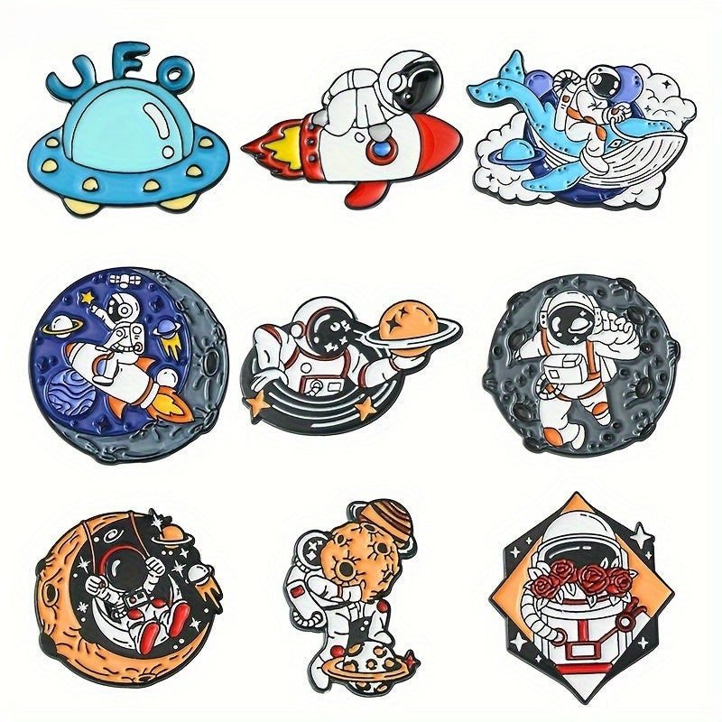 9 ta kosmik mavzudagi astronavt emal pinlari, sumkalar, shapka, kurtka uchun alloy broshlar to'plami