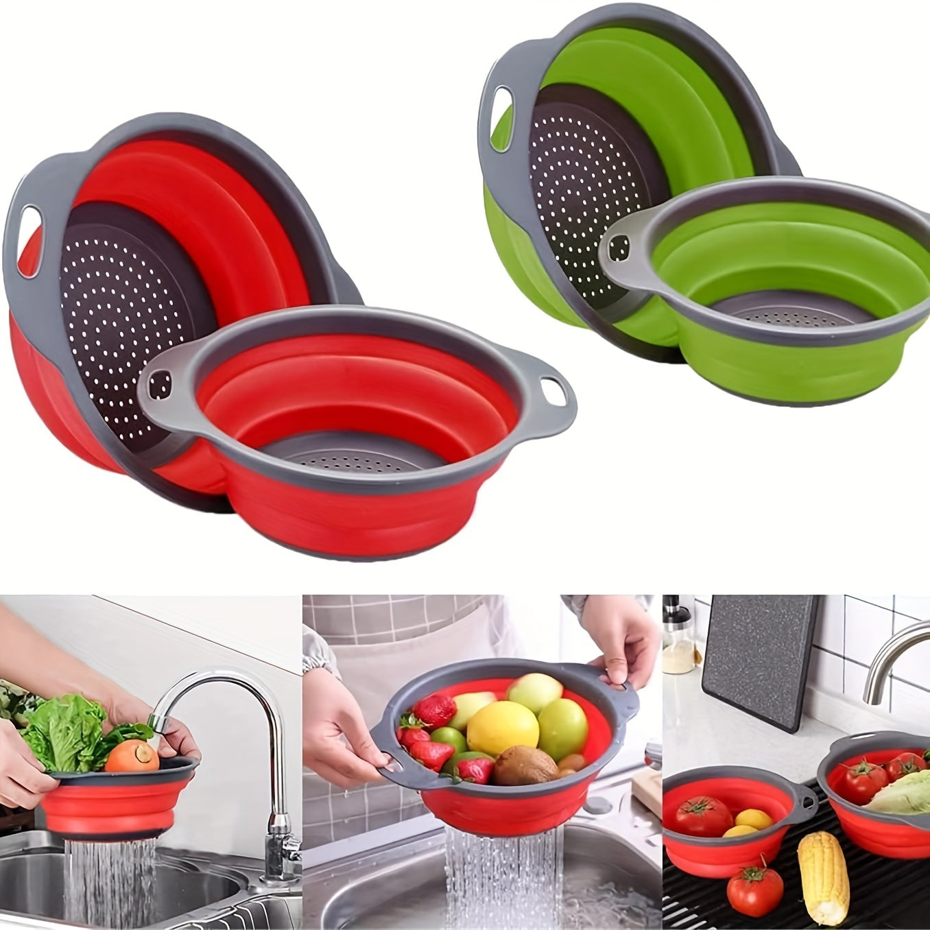 2 Pack Silicone Drain Basket Set Collapsible Funnels for Pasta Vegetables Fruits