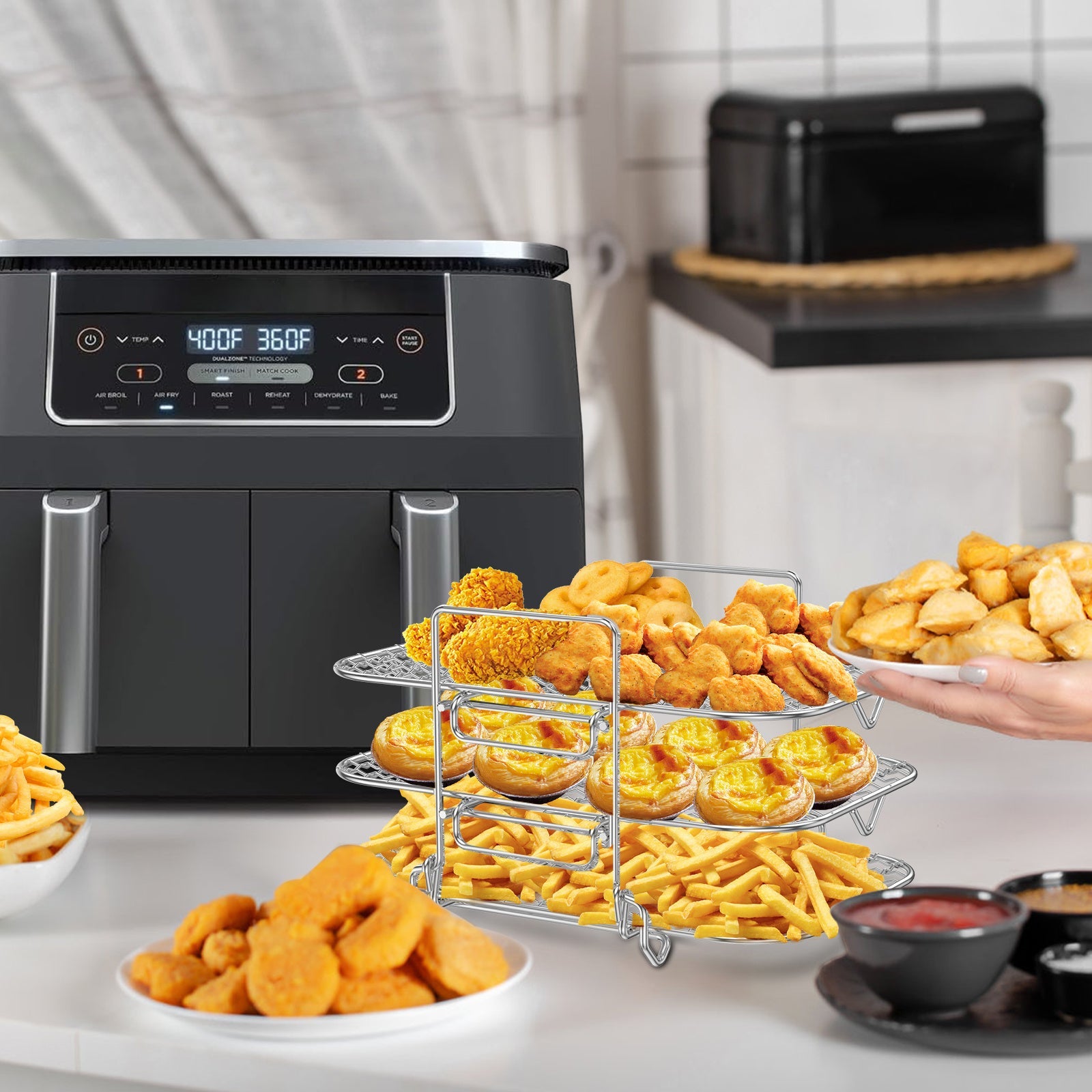 Noxud qotishma 3-qavatli havo fritöre racki, quritish funksiyasi bilan - yig'iladigan, ko'p funksiyali gril racki, ikki savatli havo fritöre pishirish va pishirish uchun