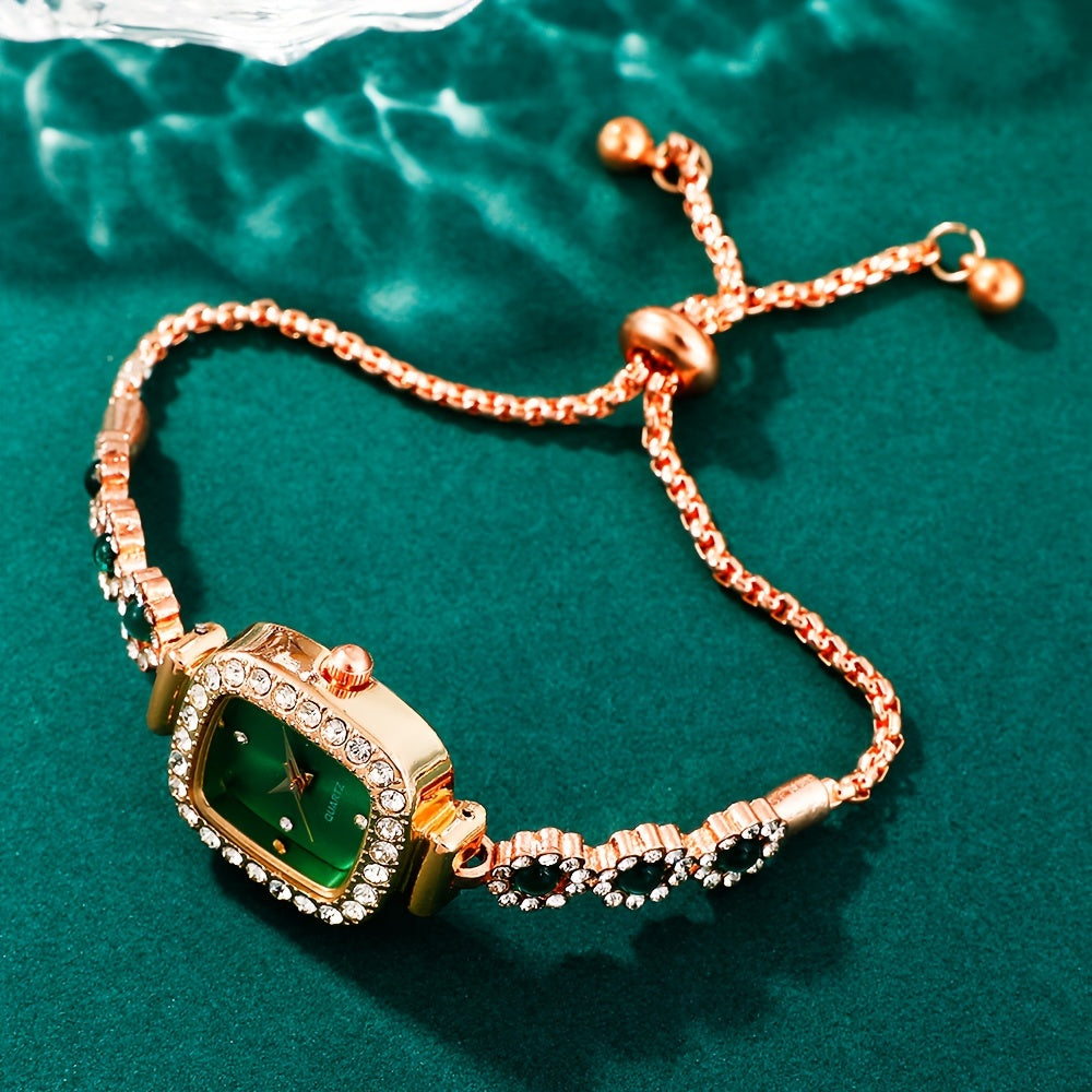 Women’s 6-Piece Rhinestone Quartz Watch Jewelry Set Square Case Adjustable Zinc Alloy Band Gift