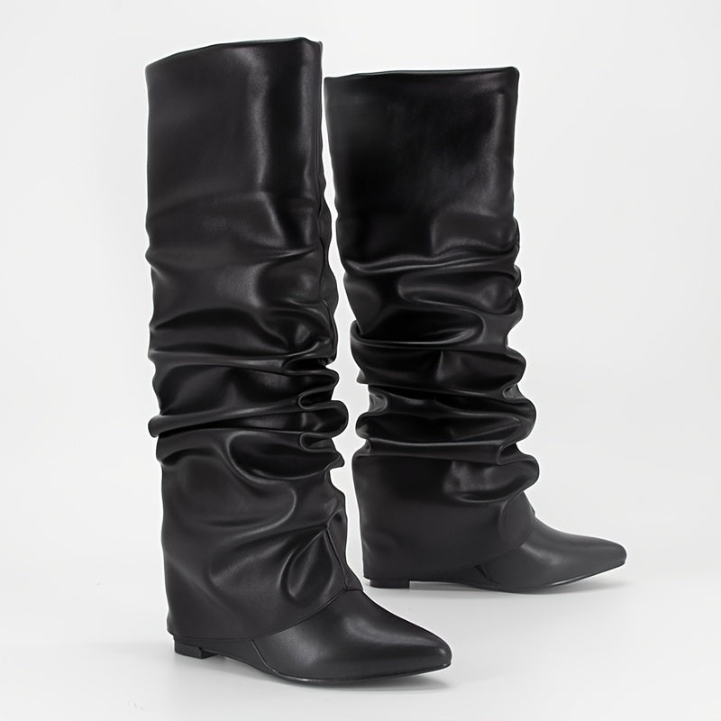 Women's Knee-High Wedge Heel Boots with Zipper and Pointed Toe