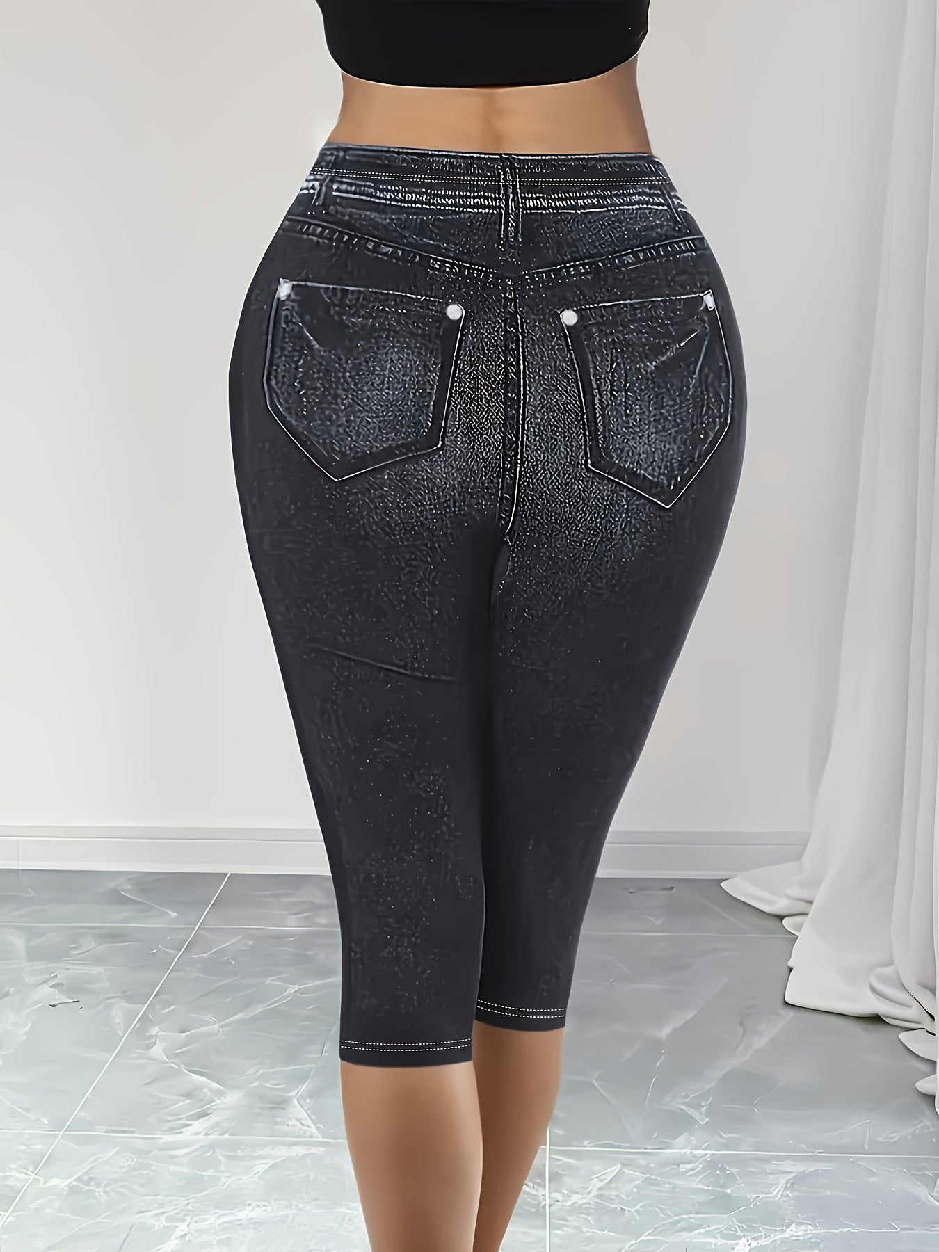 Plus Size Faux Denim Print Skinny Capri Pants for Women Spring Summer Fall