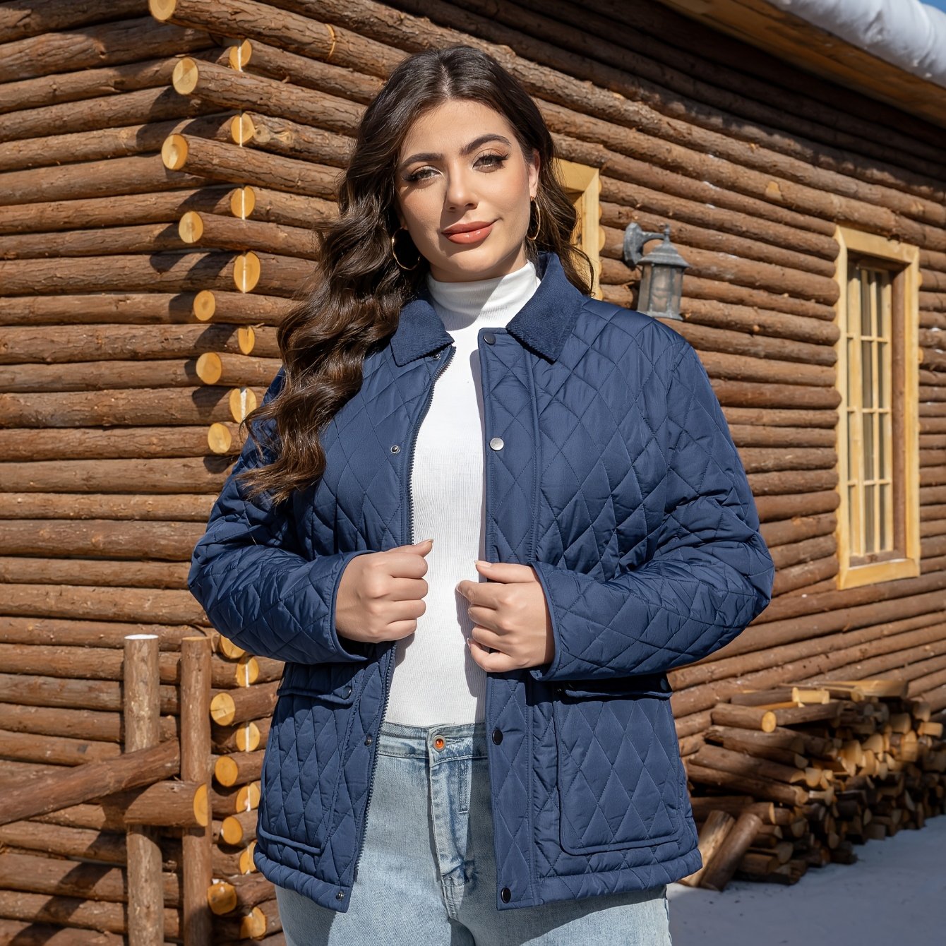 Plus Size Quilted Lapel Jacket in Polyester with Pockets for Fall Winter