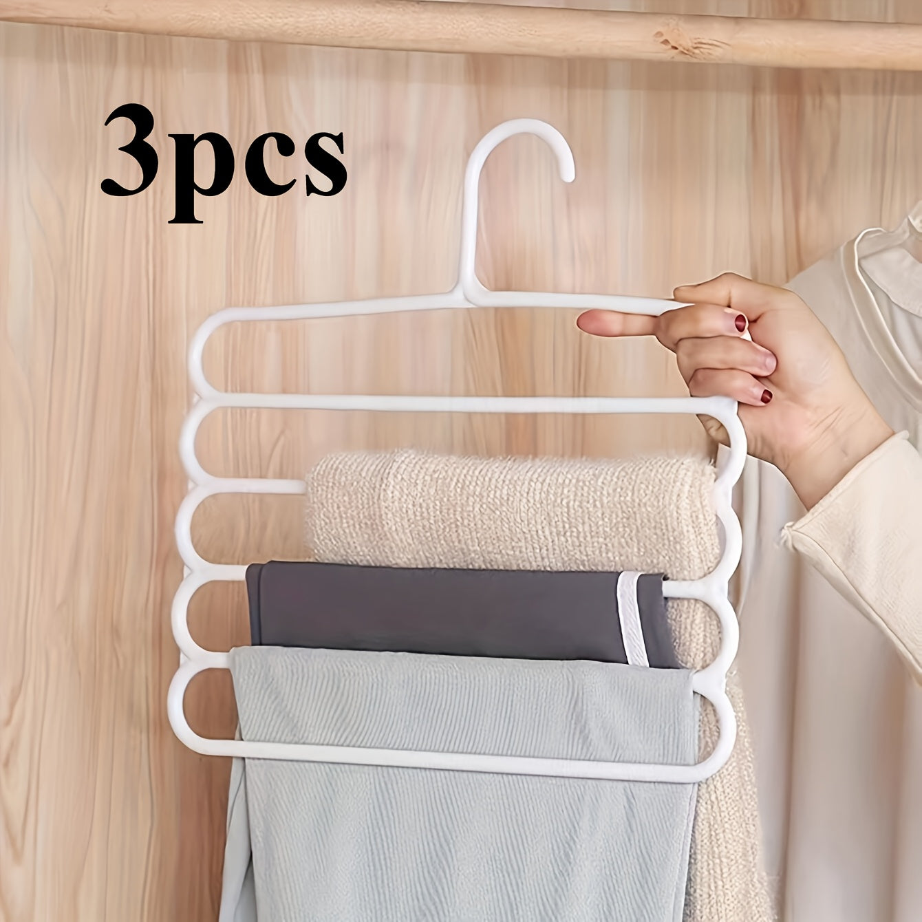 3-Piece White Plastic Pants Hangers with 5 Layers Anti-Slip Closet Organizer for Trousers and Scarves