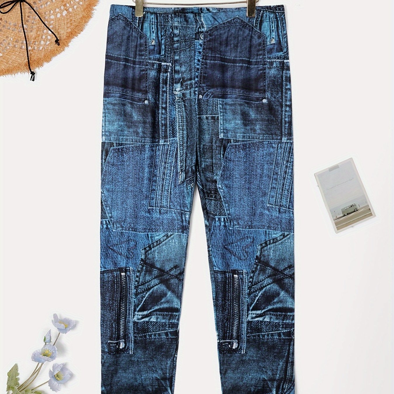 Леггинсы с цветочным принтом для полных, с флисовой подкладкой, с высокой талией, узкие штаны для женщин