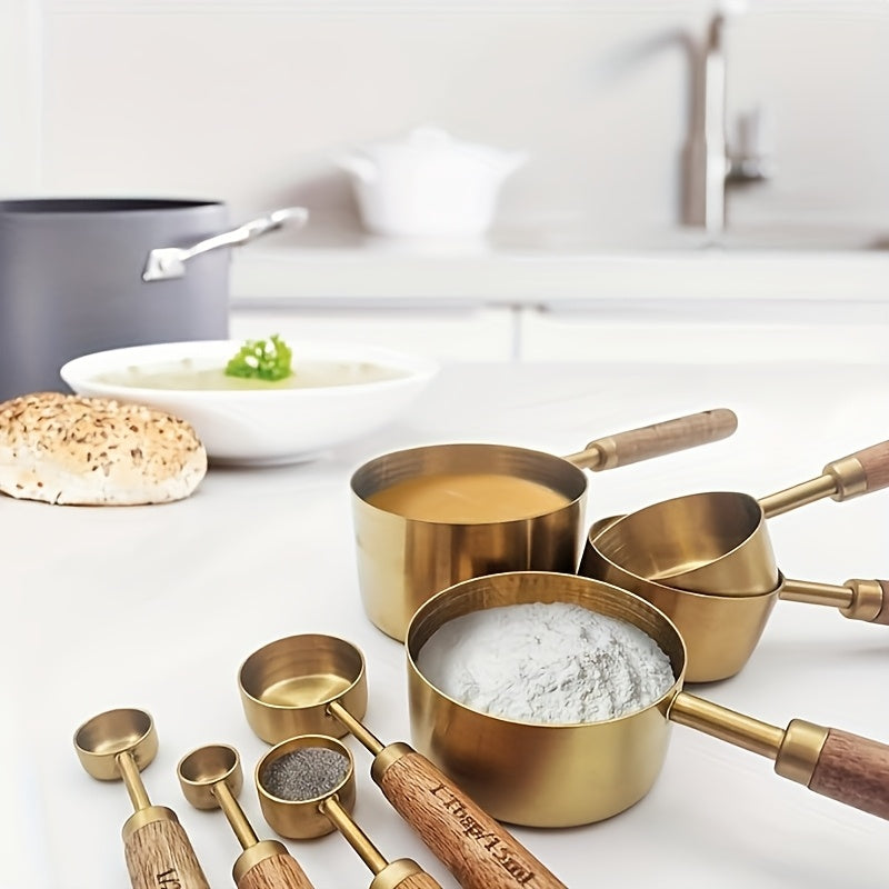 Set of 8 Stainless Steel Measuring Cups and Spoons with Acacia Wood Handles
