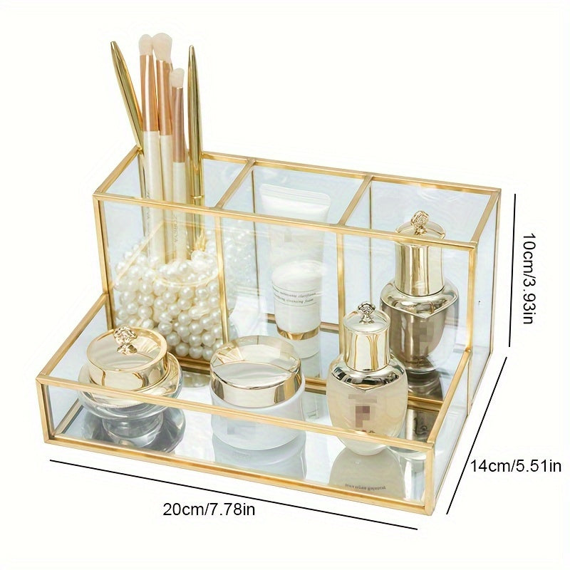 1 dona metall shisha makiyaj cho'tkasi ushlagichi, ko'zgu qozon, kosmetikalar, parfum, tirnoq bo'yog'i, lab bo'yog'i uchun saqlash tokchasi. Uy saqlash va xona bezatish uchun 4 ta to'rtburchak.