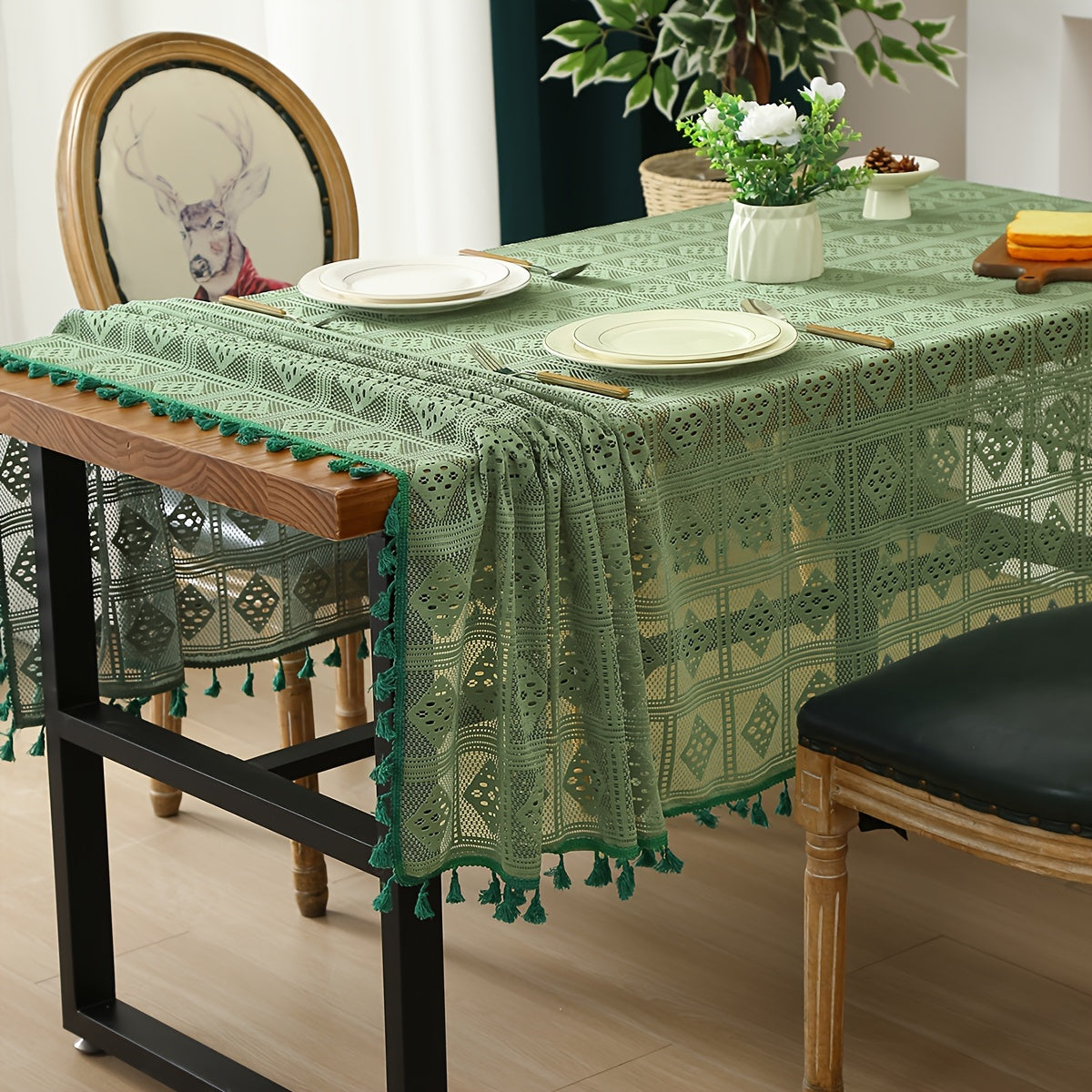 Beige Crochet Tablecloth with Tassels for Home and Party Table Settings