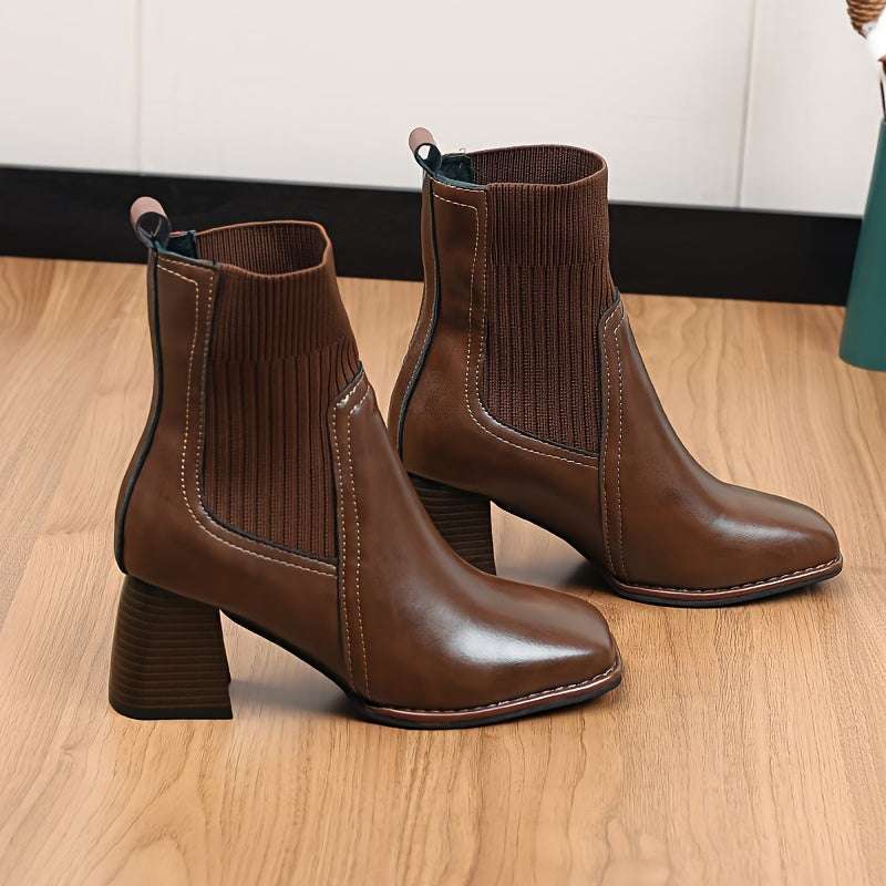 Women's Solid Color Minimalist Slip-On Boots with Chunky Heels