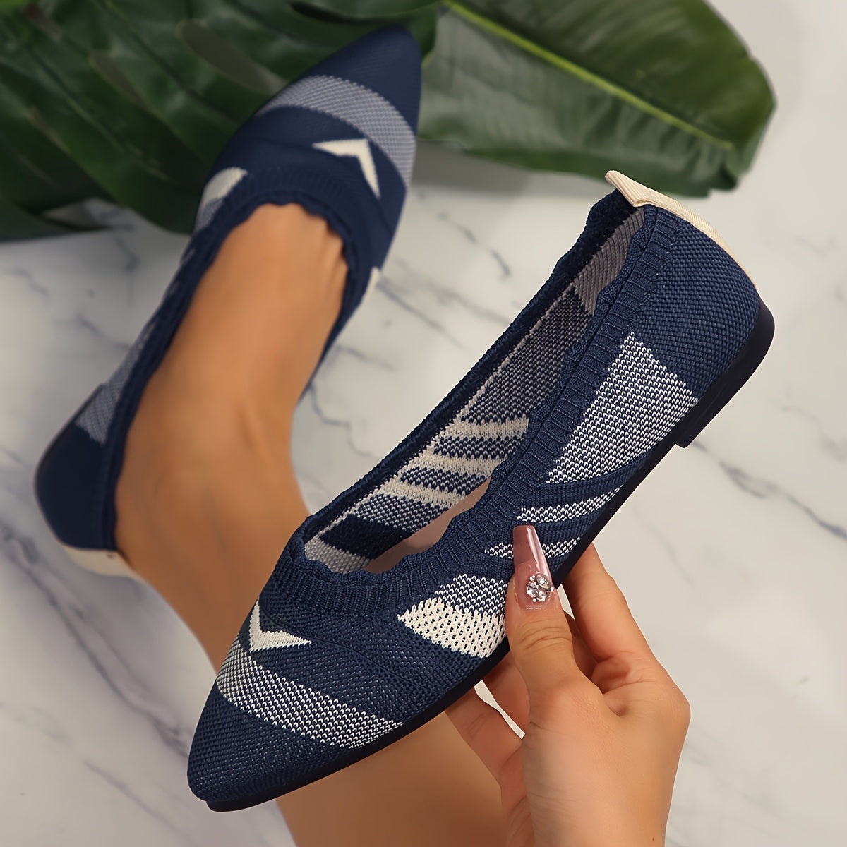 Women's Navy White Striped Mary Jane Flats Slip-On Pointed Toe Casual Shoes