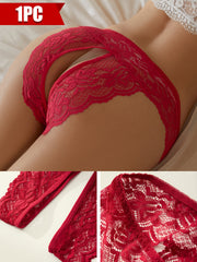 Plus Size Women's Red Lace Thong Panties Open Crotch High Stretch Comfortable